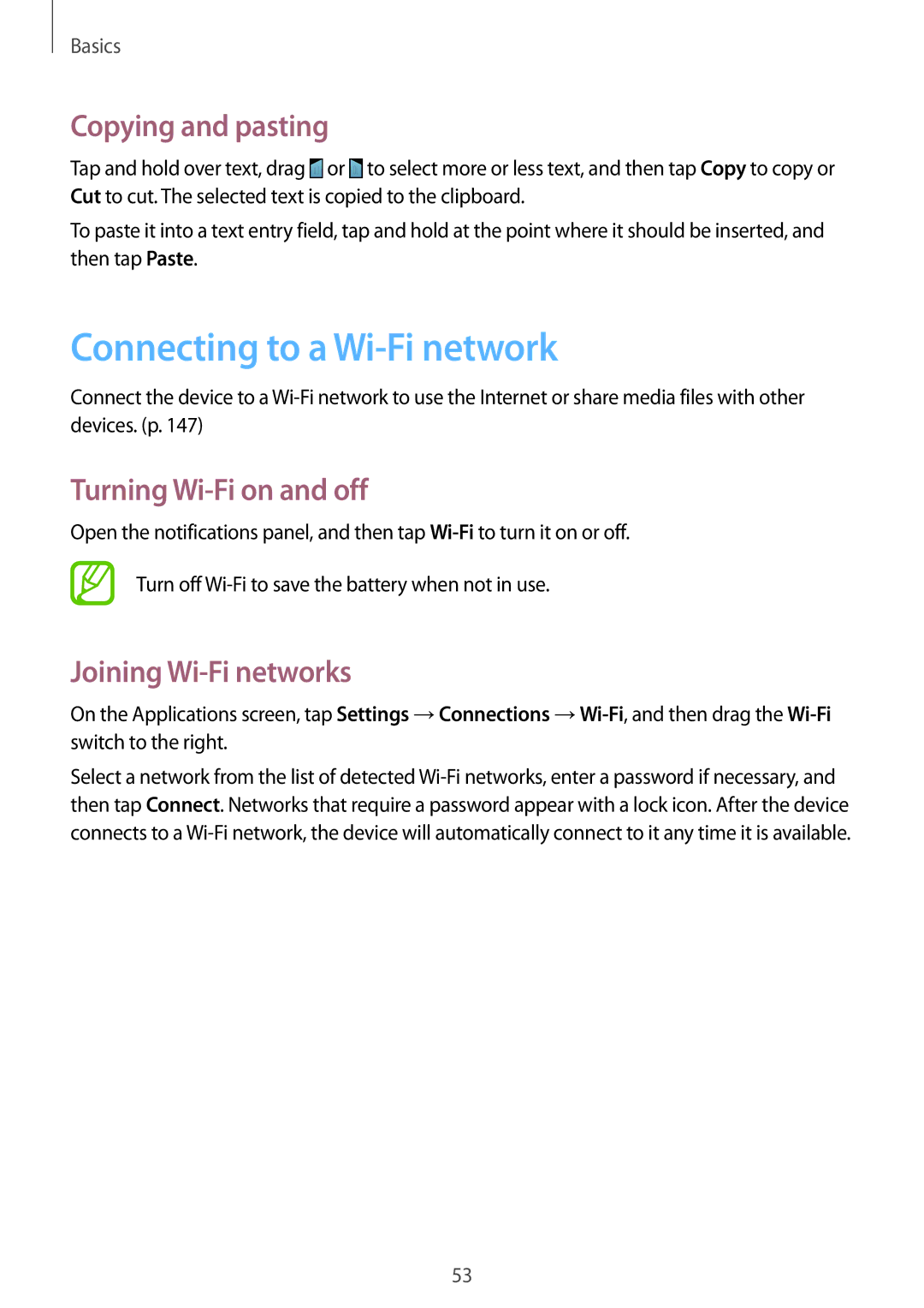 Samsung SM-N9000ZKEXXV, SM-N9000WDEXXV manual Connecting to a Wi-Fi network, Copying and pasting, Turning Wi-Fi on and off 