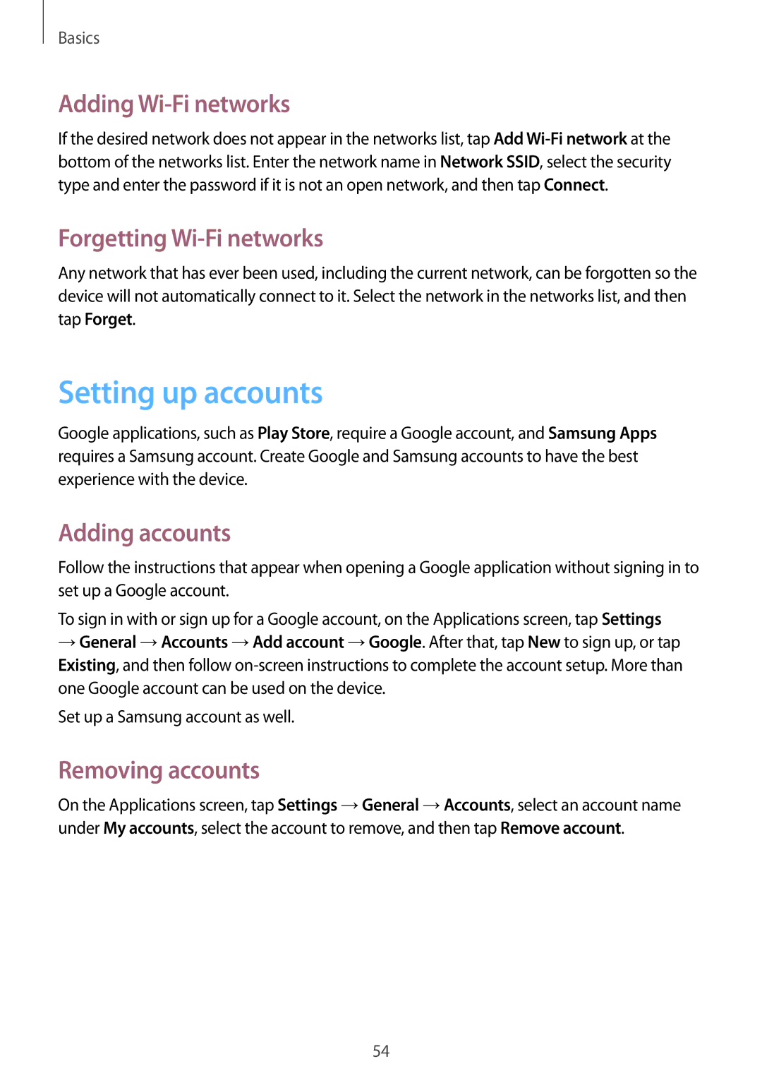 Samsung SM-N9000ZWEXXV manual Setting up accounts, Adding Wi-Fi networks, Forgetting Wi-Fi networks, Adding accounts 