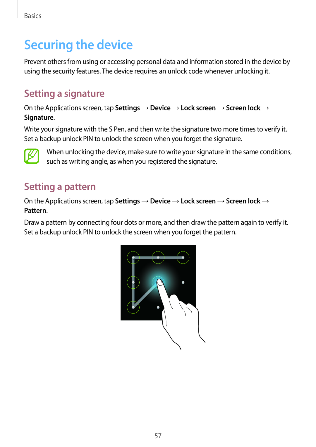 Samsung SM-N9000ZKEXXV, SM-N9000WDEXXV, SM-N9000ZWEXXV manual Securing the device, Setting a signature, Setting a pattern 