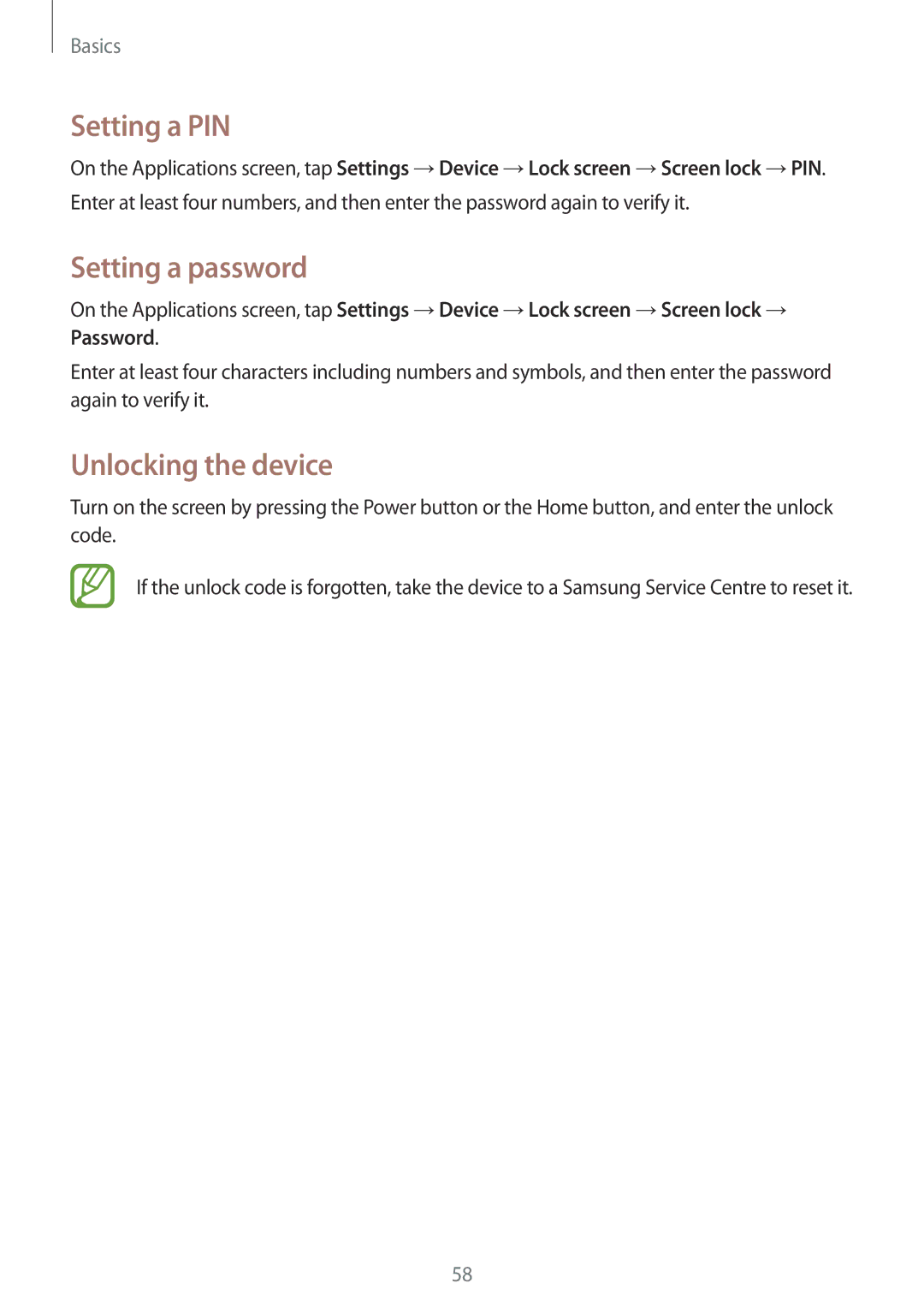 Samsung SM-N9000ZWEXXV, SM-N9000WDEXXV, SM-N9000ZKEXXV manual Setting a PIN, Setting a password, Unlocking the device 