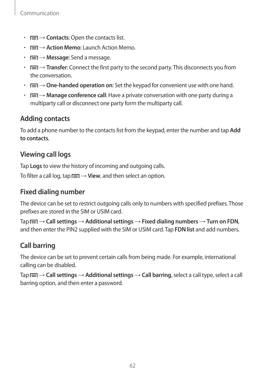 Samsung SM-N9000ZWEXXV, SM-N9000WDEXXV manual Adding contacts, Viewing call logs, Fixed dialing number, Call barring 