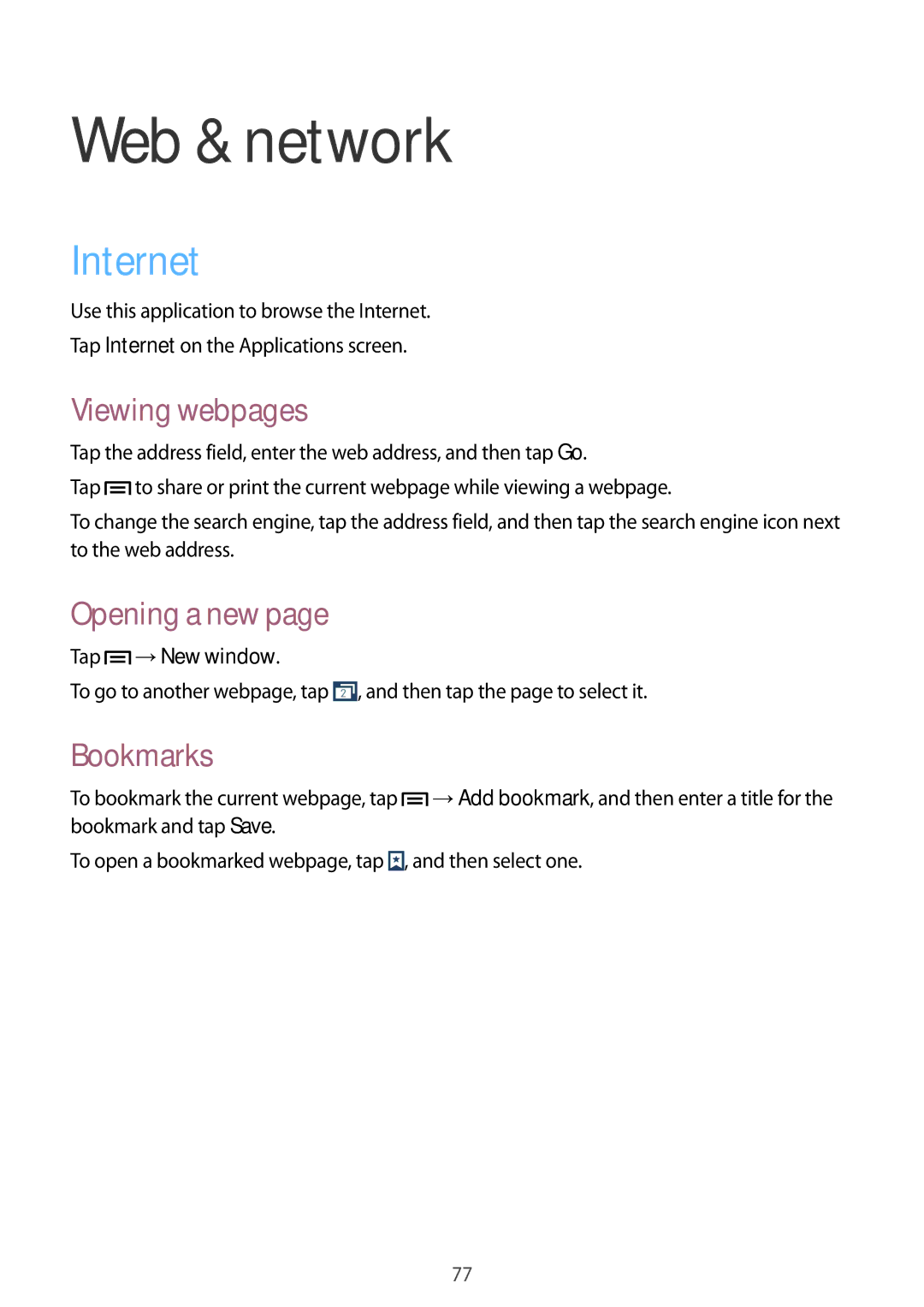 Samsung SM-N9000ZKEXXV, SM-N9000WDEXXV manual Internet, Viewing webpages, Opening a new, Bookmarks, Tap →New window 