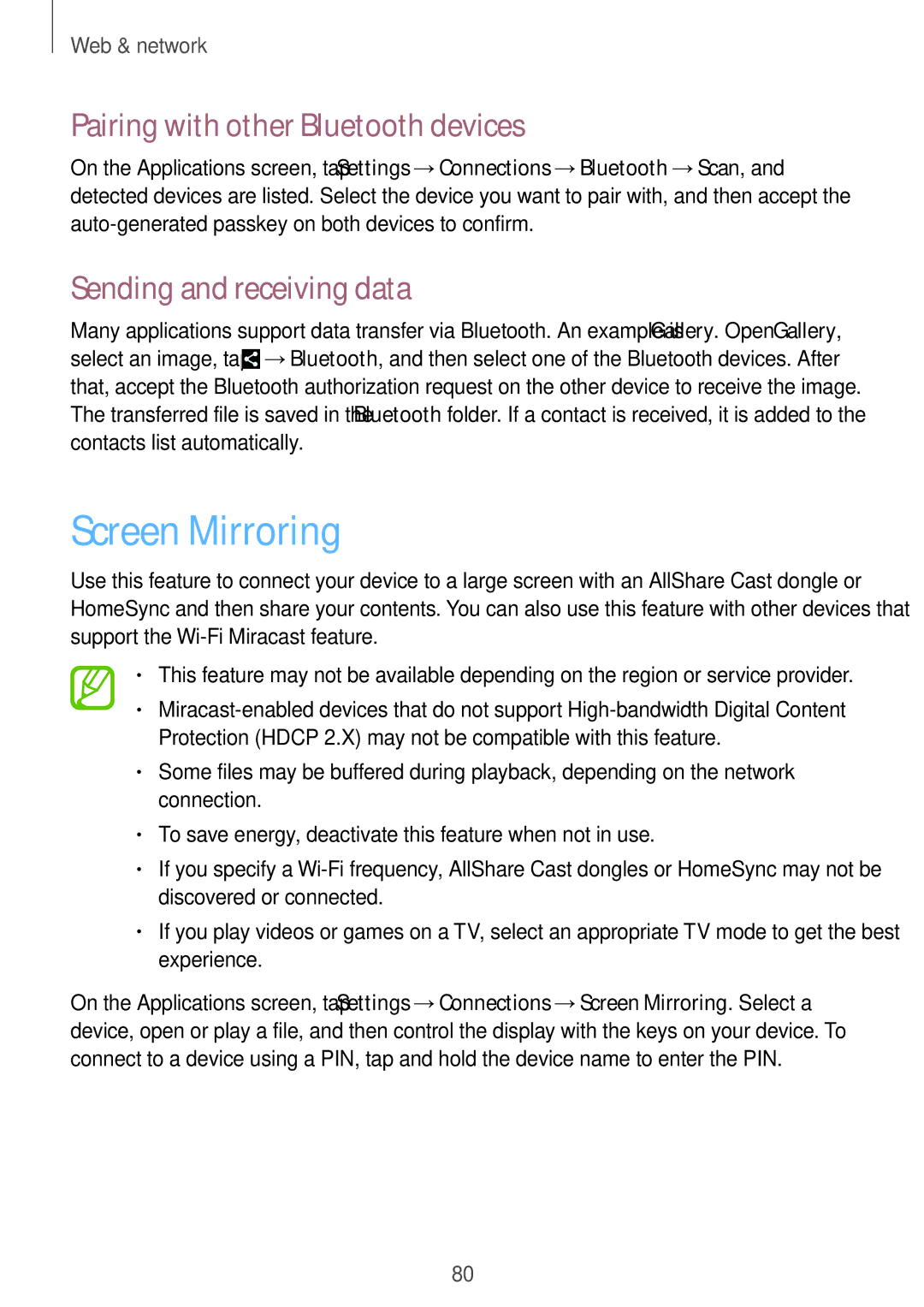 Samsung SM-N9000WDEXXV, SM-N9000ZKEXXV Screen Mirroring, Pairing with other Bluetooth devices, Sending and receiving data 