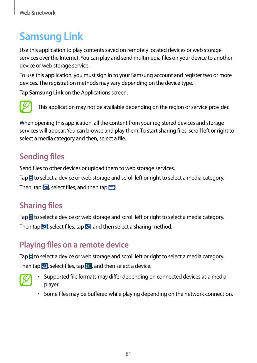 Samsung SM-N9000ZKEXXV, SM-N9000WDEXXV manual Samsung Link, Sending files, Sharing files, Playing files on a remote device 