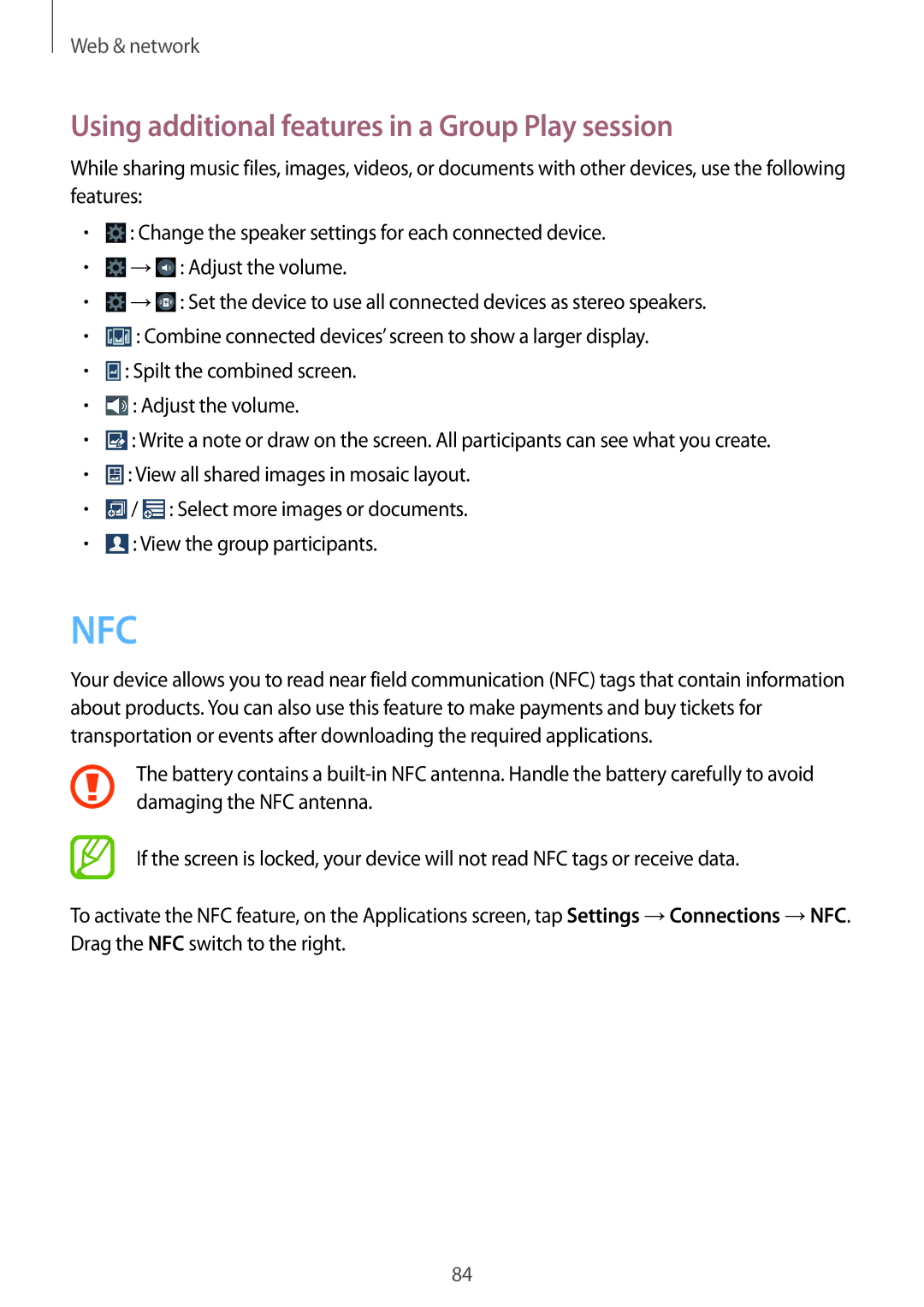 Samsung SM-N9000WDEXXV, SM-N9000ZKEXXV, SM-N9000ZWEXXV manual Nfc, Using additional features in a Group Play session 