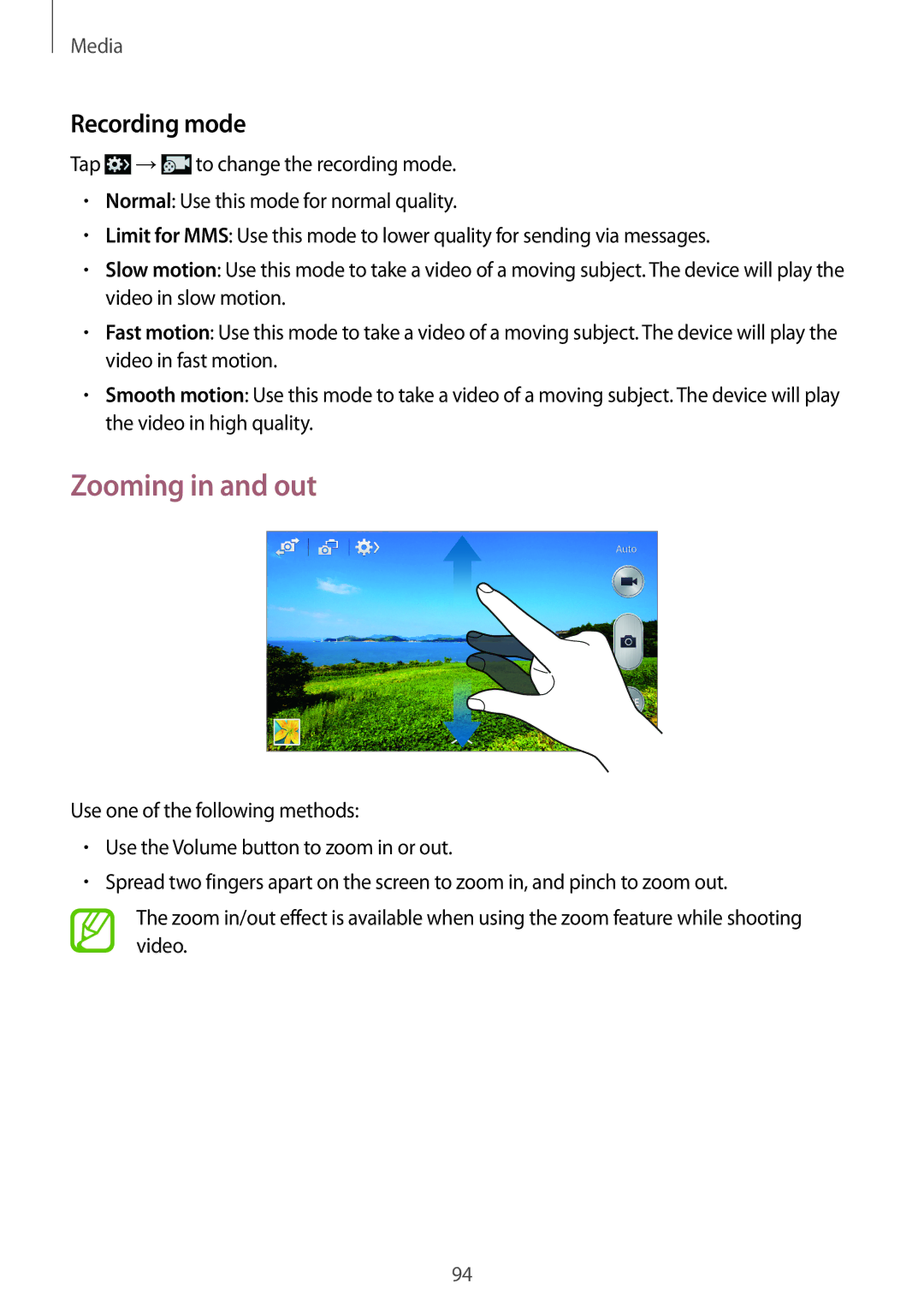 Samsung SM-N9000ZWEXXV, SM-N9000WDEXXV, SM-N9000ZKEXXV, SM-N9000ZIEXXV manual Zooming in and out, Recording mode 