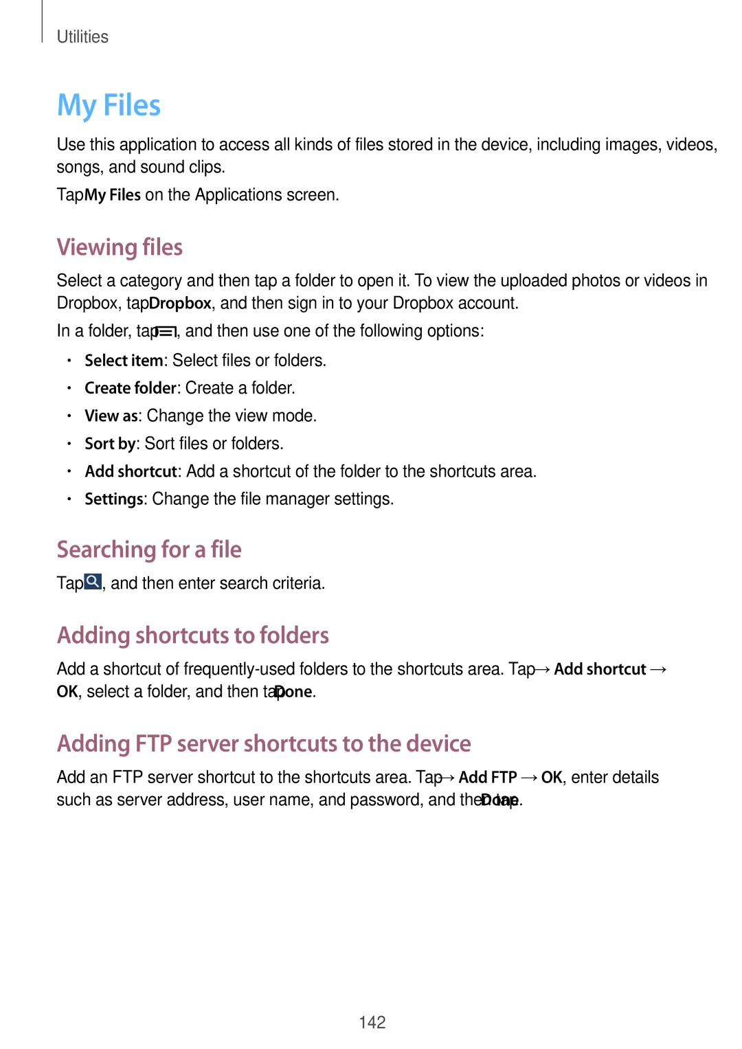 Samsung SM-N9000WDESER, SM-N9000ZKECEL manual My Files, Viewing files, Searching for a file, Adding shortcuts to folders 