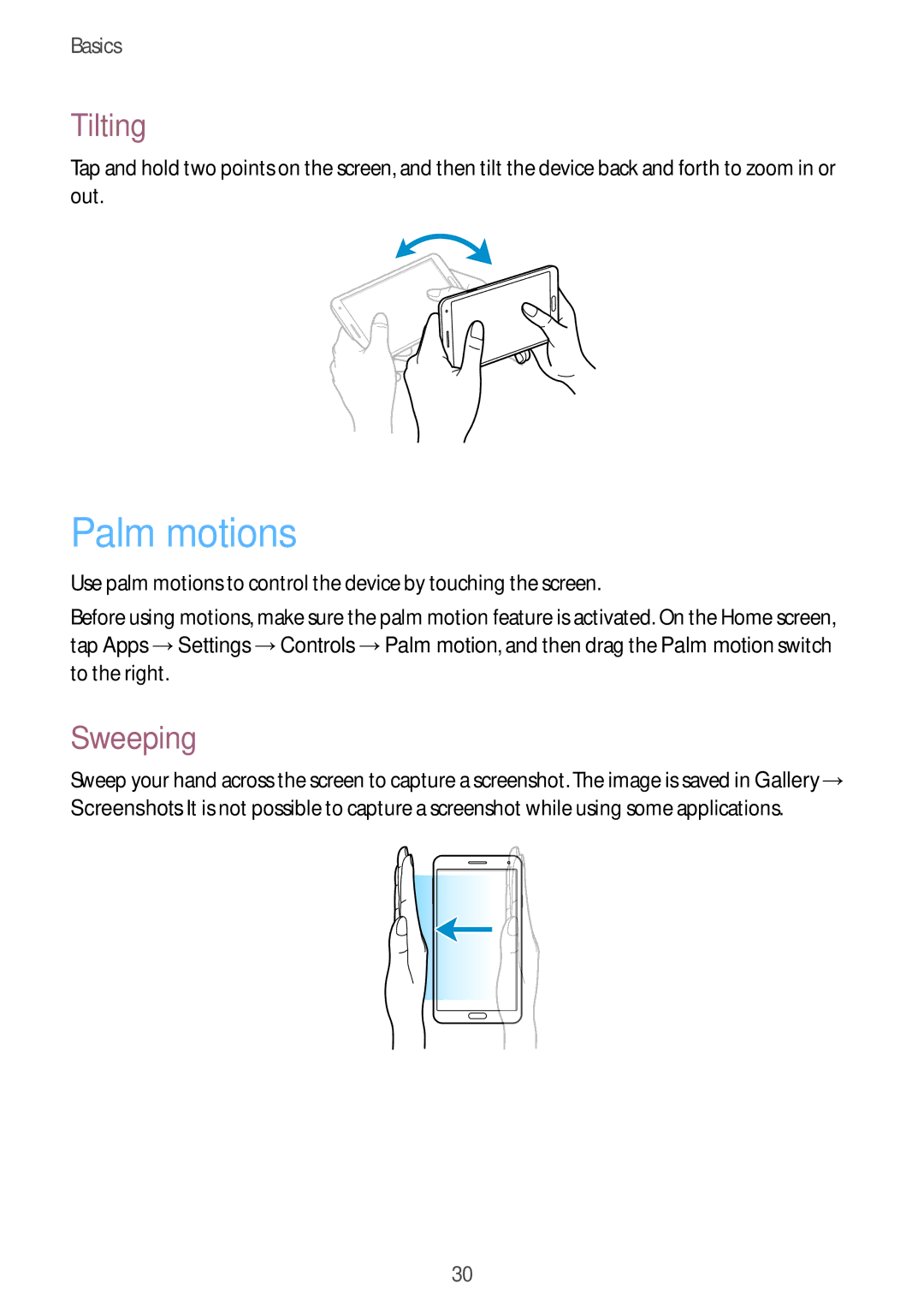 Samsung SM-N9000WDESER, SM-N9000ZKECEL, SM-N9000ZKEILO, SM-N9000ZKEPTR, SM-N9000ZKEPCL manual Palm motions, Tilting, Sweeping 