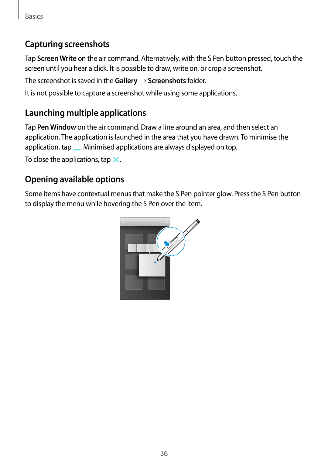 Samsung SM-N9000ZWEILO, SM-N9000ZKECEL Capturing screenshots, Launching multiple applications, Opening available options 