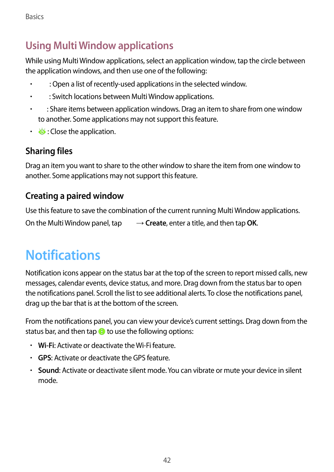 Samsung SM-N9000ZWESER manual Notifications, Using Multi Window applications, Sharing files, Creating a paired window 