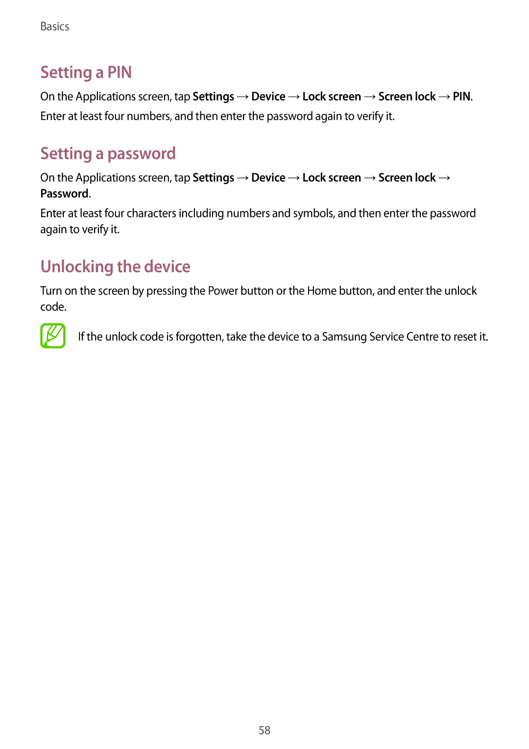 Samsung SM-N9000ZWESER, SM-N9000ZKECEL, SM-N9000ZKEILO manual Setting a PIN, Setting a password, Unlocking the device 