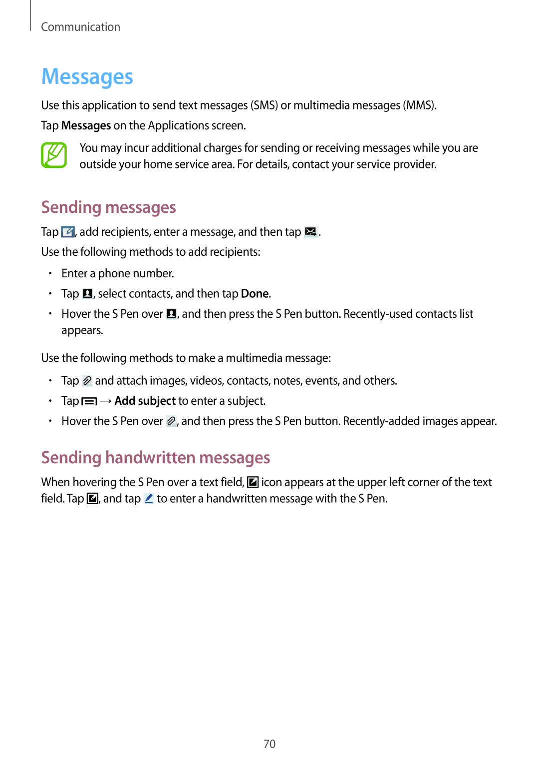 Samsung SM-N9000ZWEPTR, SM-N9000ZKECEL, SM-N9000ZKEILO manual Messages, Sending messages, Sending handwritten messages 