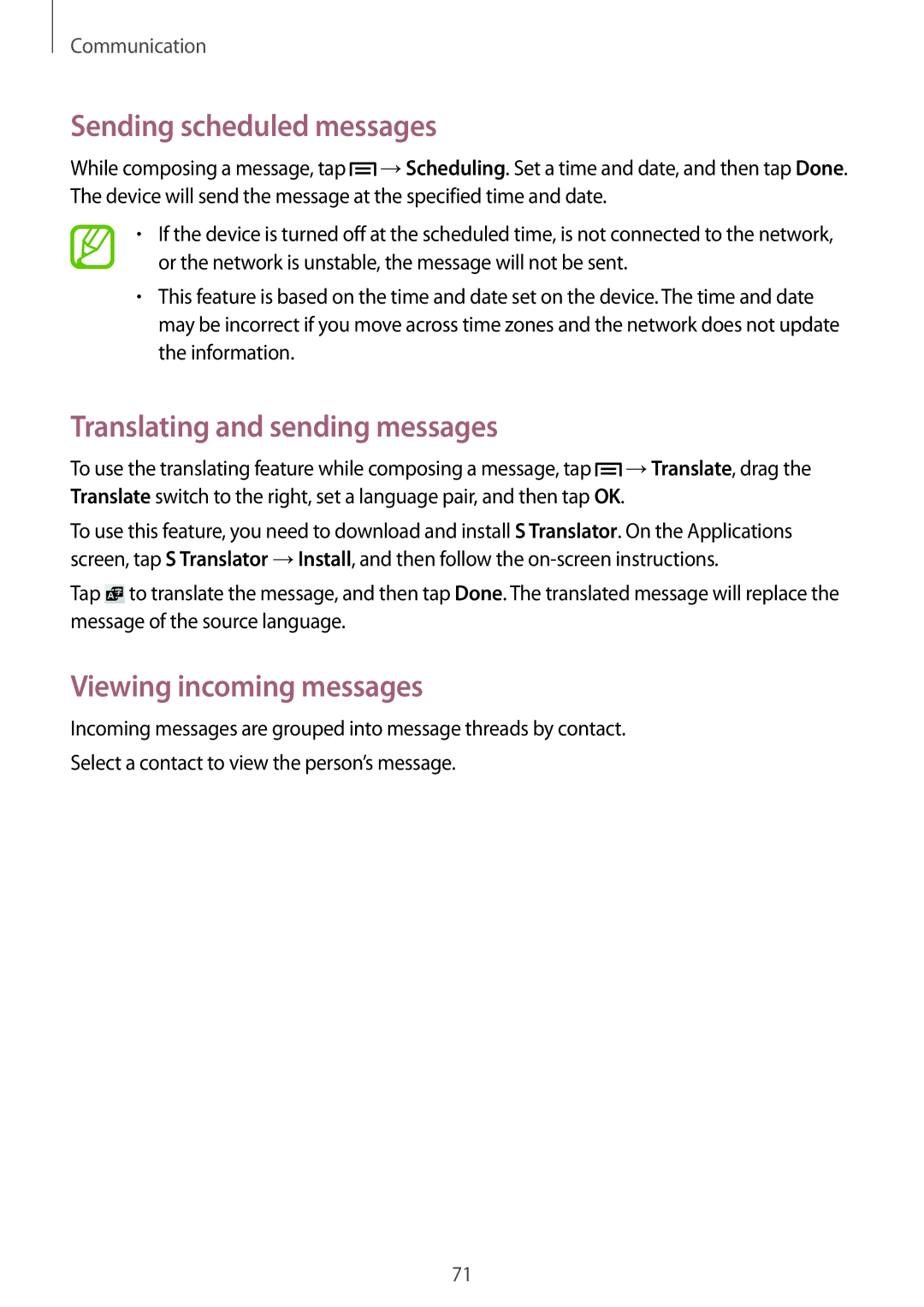 Samsung SM-N9000ZIEILO manual Sending scheduled messages, Translating and sending messages, Viewing incoming messages 