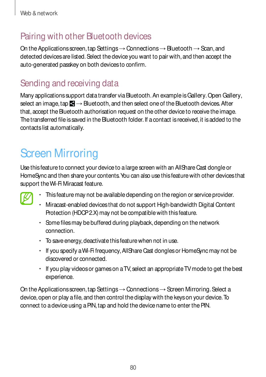 Samsung SM-N9000ZKECEL, SM-N9000ZKEILO Screen Mirroring, Pairing with other Bluetooth devices, Sending and receiving data 