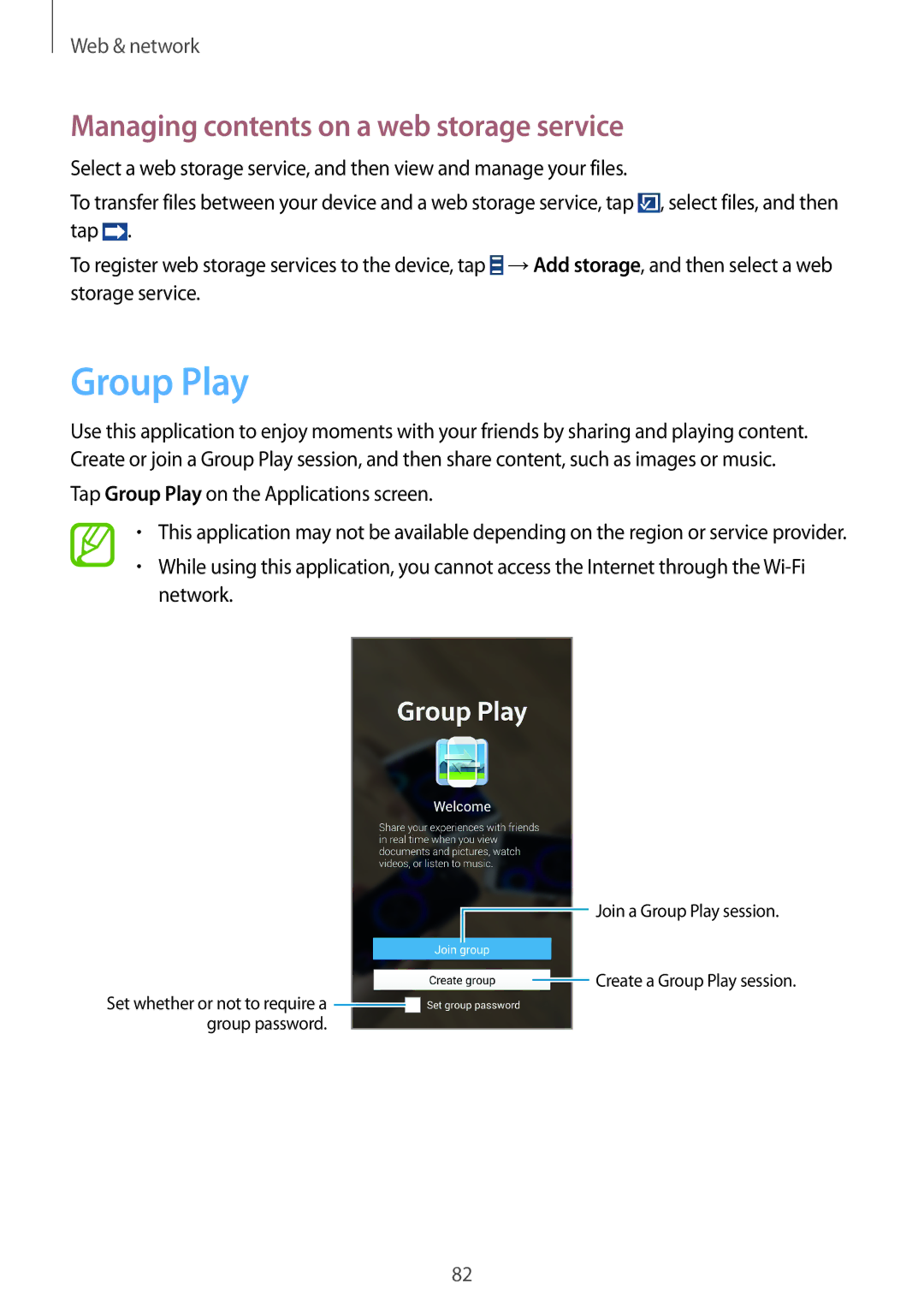 Samsung SM-N9000ZKEPTR, SM-N9000ZKECEL, SM-N9000ZKEILO manual Group Play, Managing contents on a web storage service 