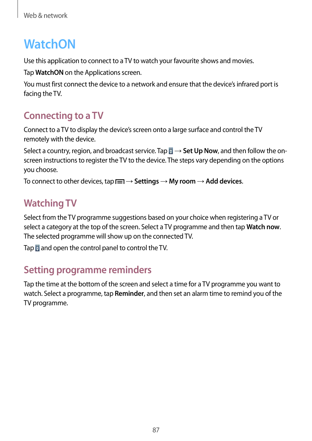 Samsung SM-N9000ZIEILO, SM-N9000ZKECEL manual WatchON, Connecting to a TV, Watching TV, Setting programme reminders 