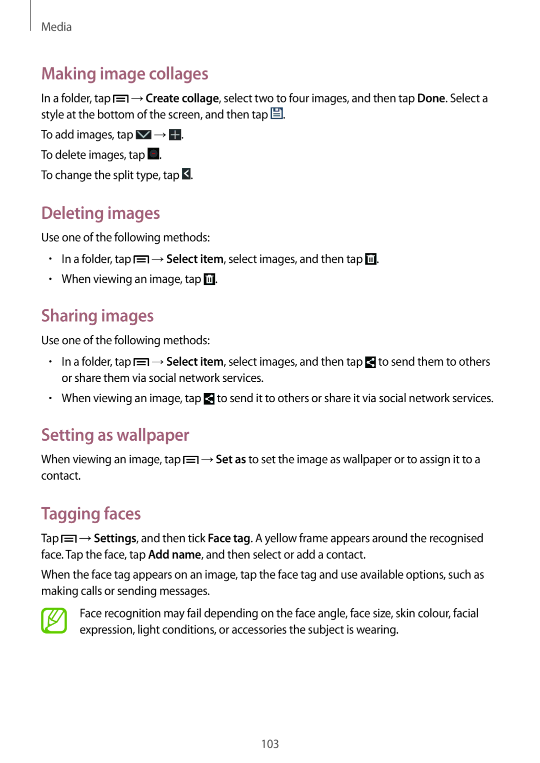 Samsung SM-N9000ZWEMGF manual Making image collages, Deleting images, Sharing images, Setting as wallpaper, Tagging faces 