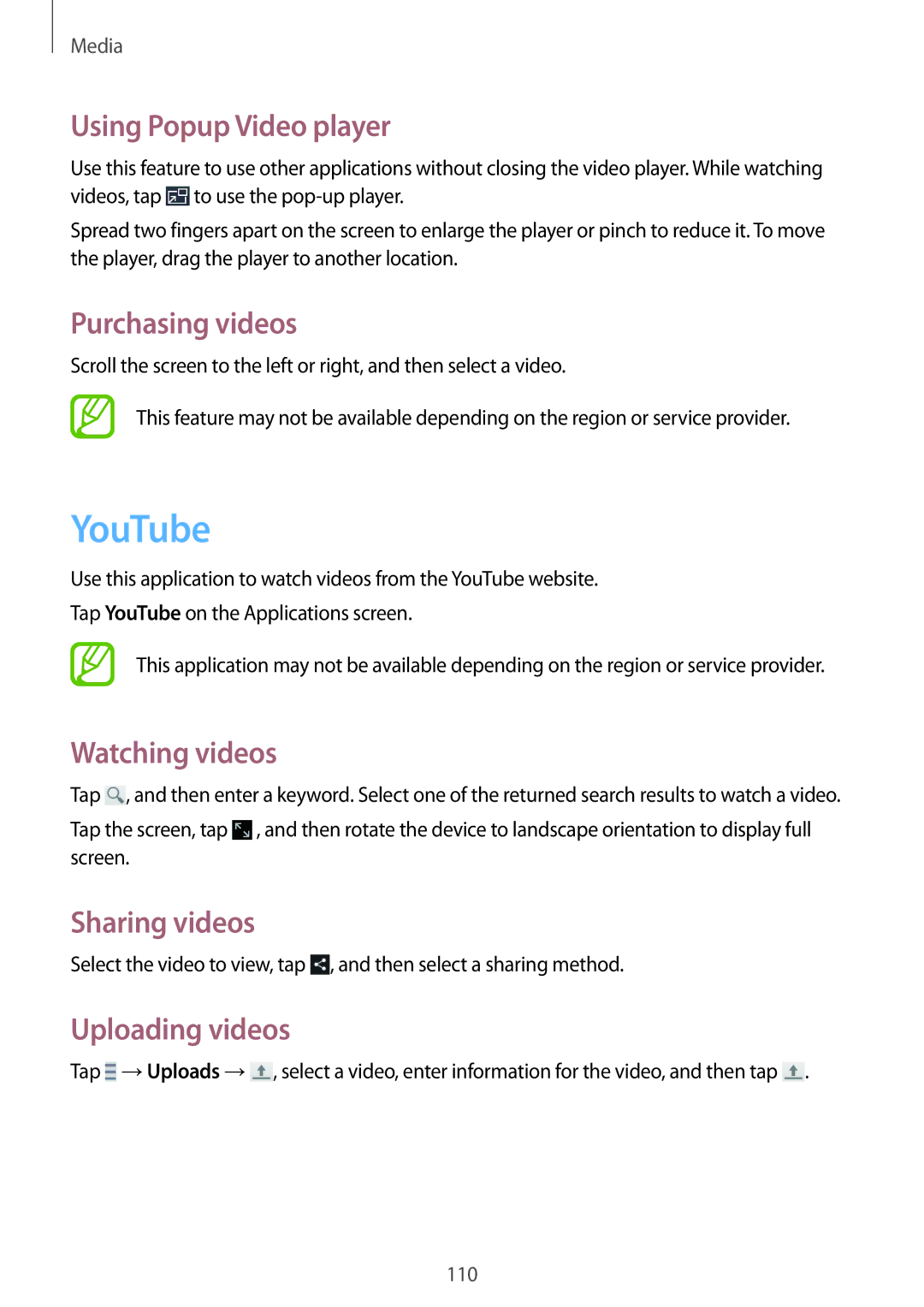 Samsung SM-N9000ZKEXFE manual YouTube, Using Popup Video player, Purchasing videos, Watching videos, Uploading videos 