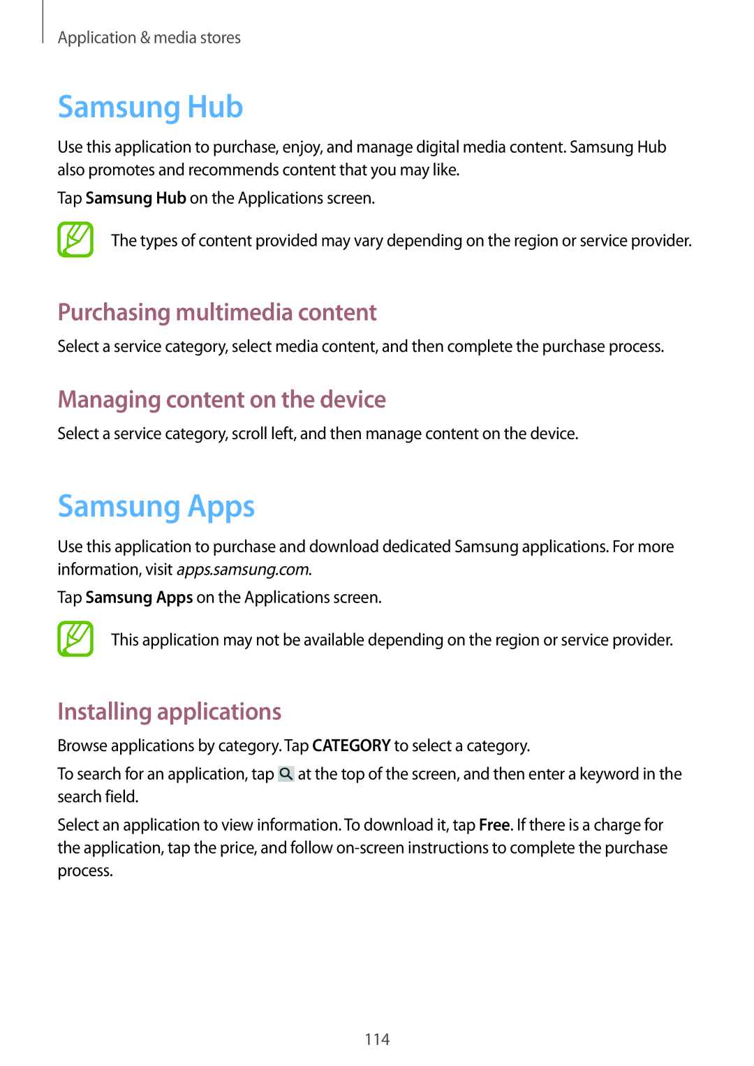 Samsung SM-N9000BDEEGY manual Samsung Hub, Samsung Apps, Purchasing multimedia content, Managing content on the device 