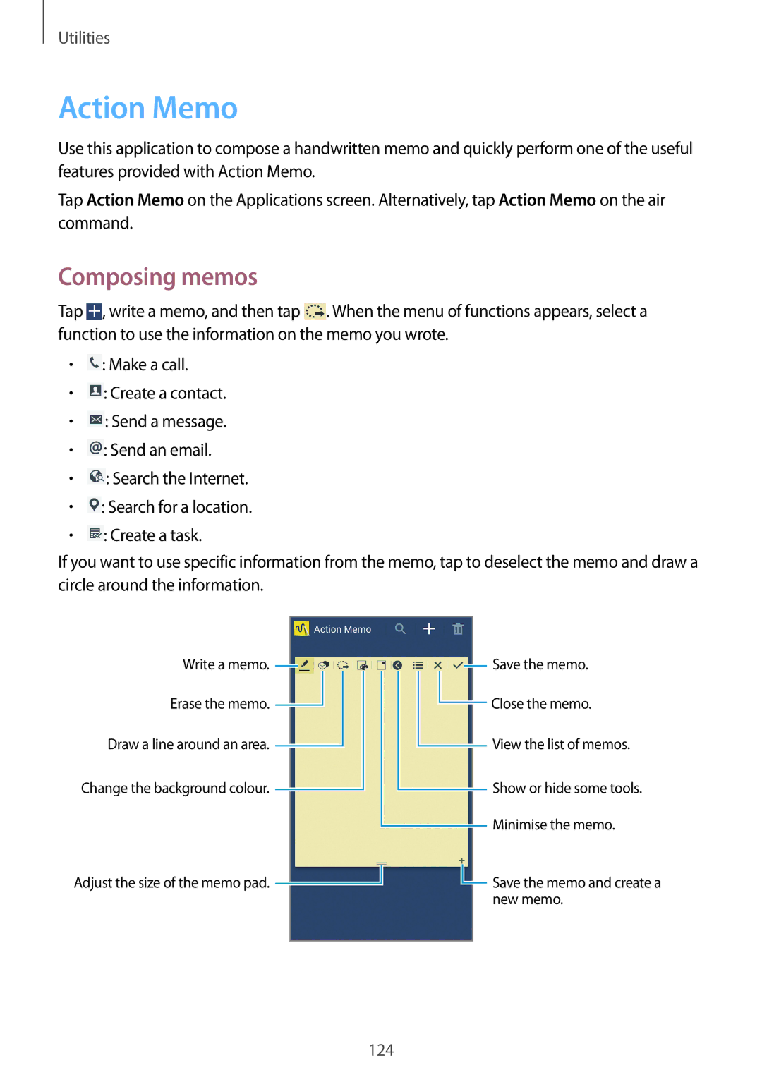 Samsung SM-N9000WDETUN, SM-N9000ZKEXFE, SM-N9000ZWETHR, SM-N9000ZKETHR, SM-N9000WDEMID manual Action Memo, Composing memos 