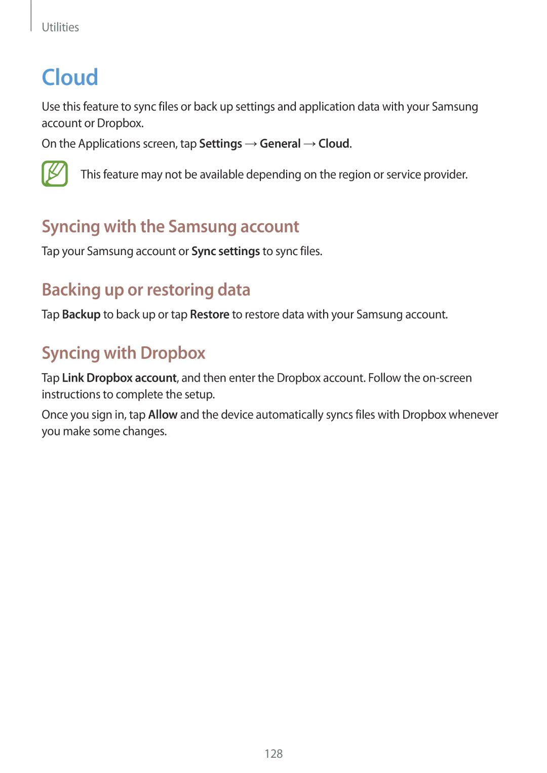 Samsung SM-N9000WDEAFR manual Cloud, Syncing with the Samsung account, Backing up or restoring data, Syncing with Dropbox 