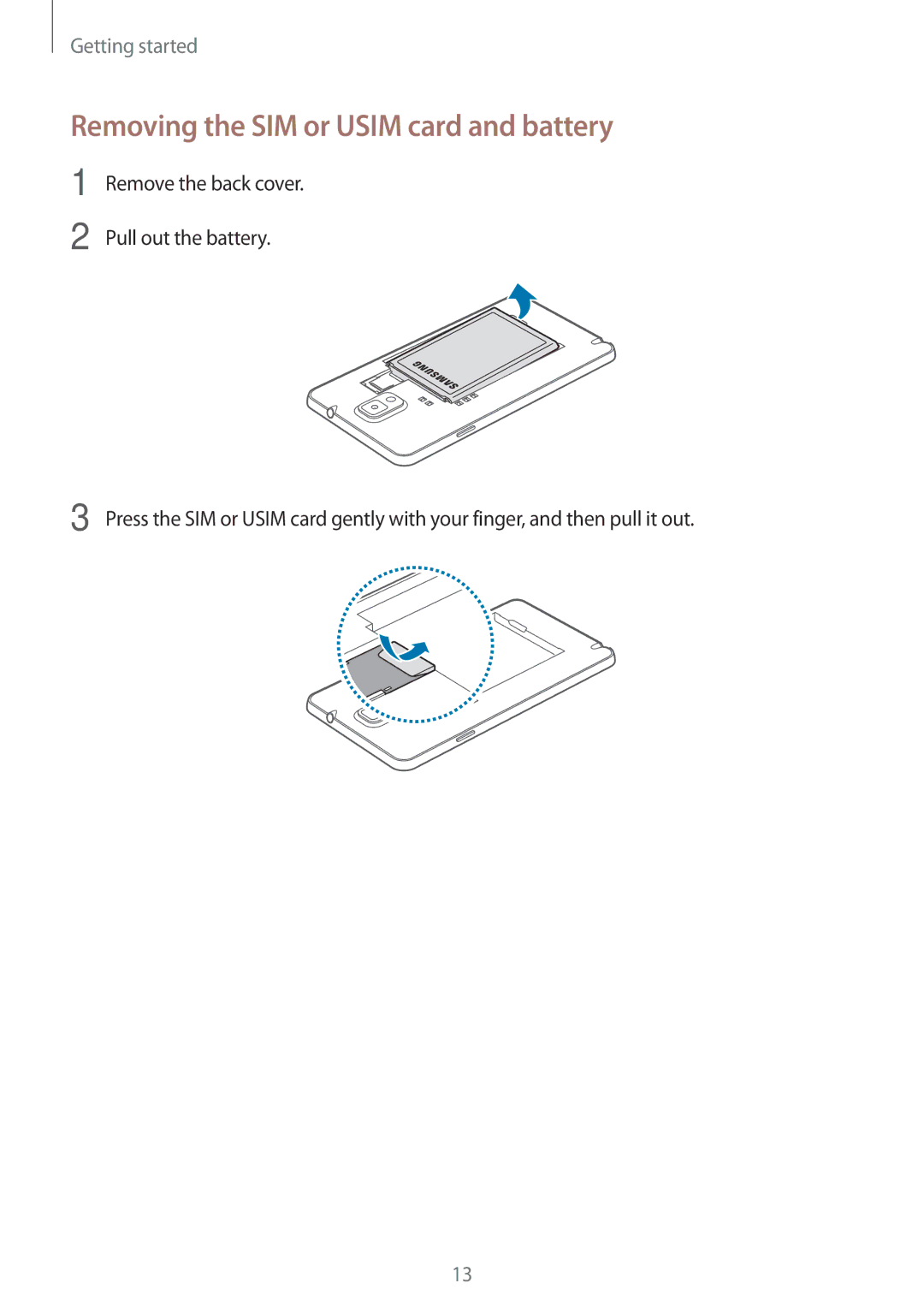 Samsung SM-N9000WDEEGY, SM-N9000ZKEXFE, SM-N9000ZWETHR, SM-N9000ZKETHR manual Removing the SIM or Usim card and battery 