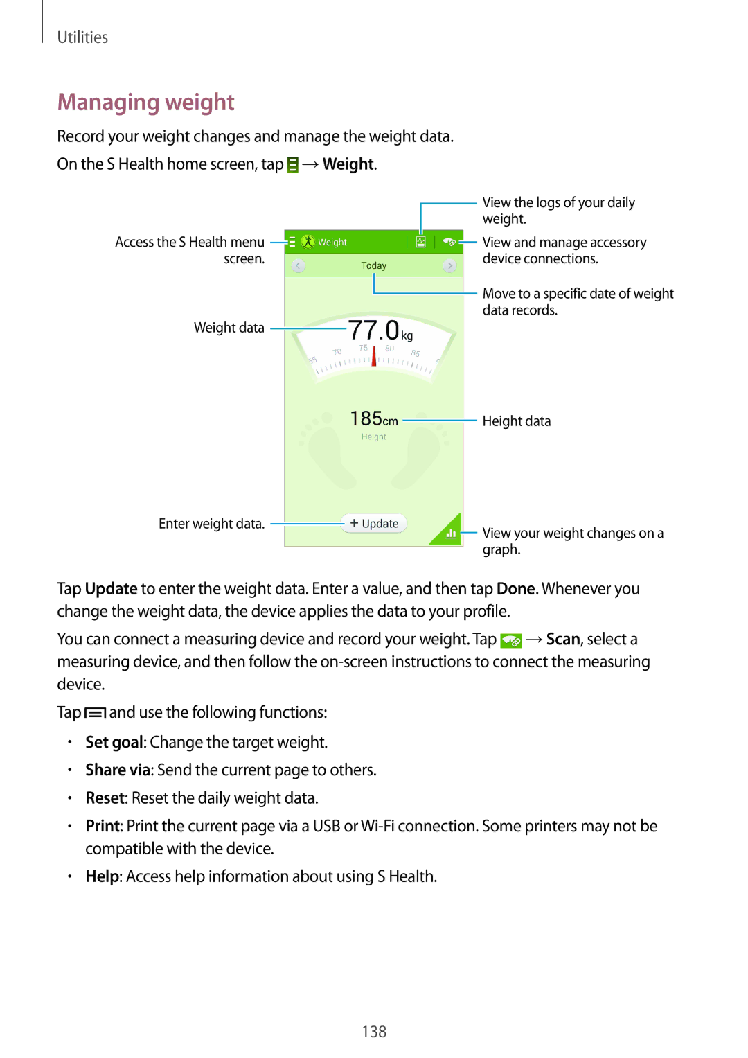 Samsung SM-N9000ZKEMID, SM-N9000ZKEXFE, SM-N9000ZWETHR, SM-N9000ZKETHR, SM-N9000WDEMID, SM-N9000BDEEGY manual Managing weight 