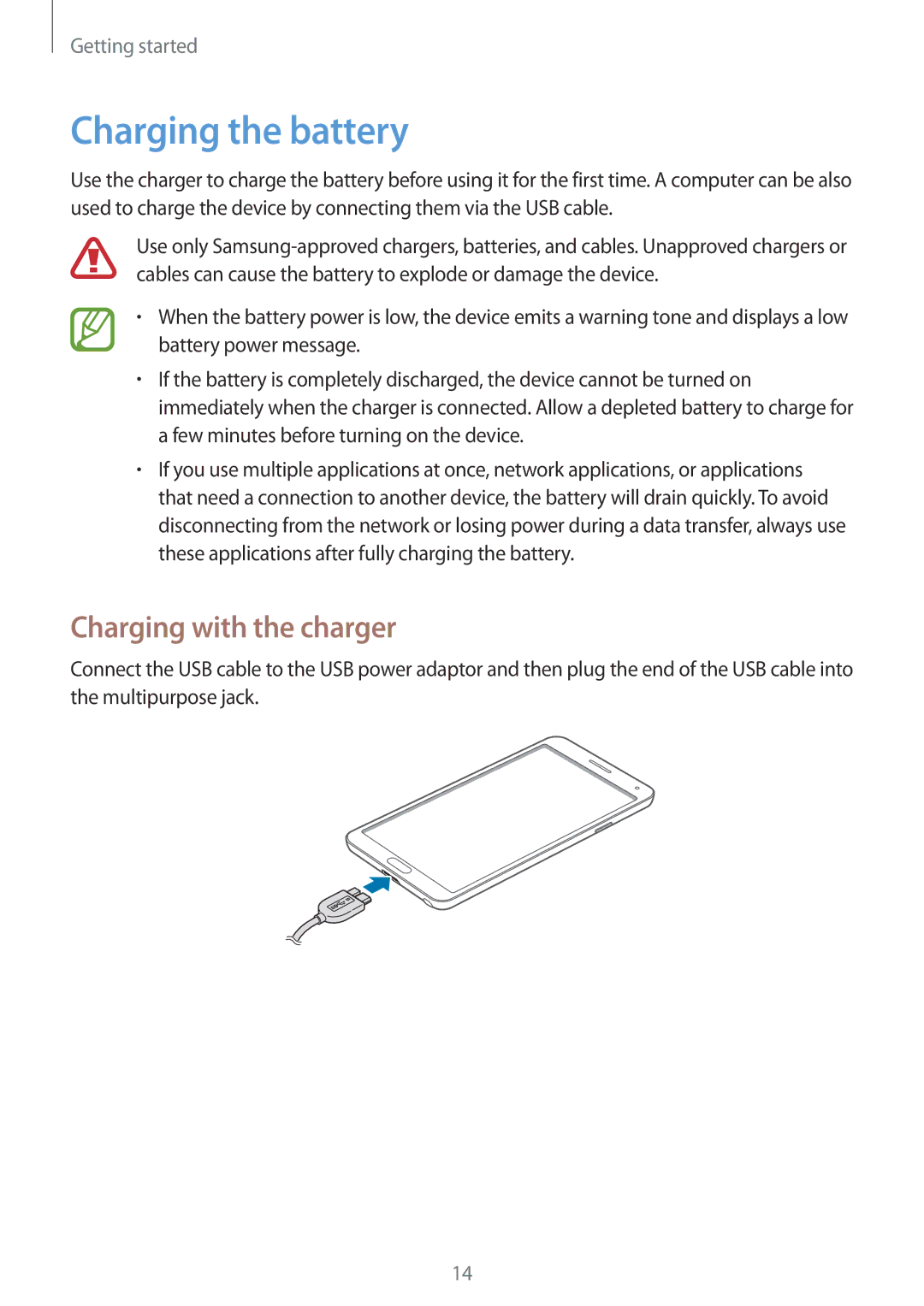 Samsung SM-N9000WDETUN, SM-N9000ZKEXFE, SM-N9000ZWETHR, SM-N9000ZKETHR manual Charging the battery, Charging with the charger 