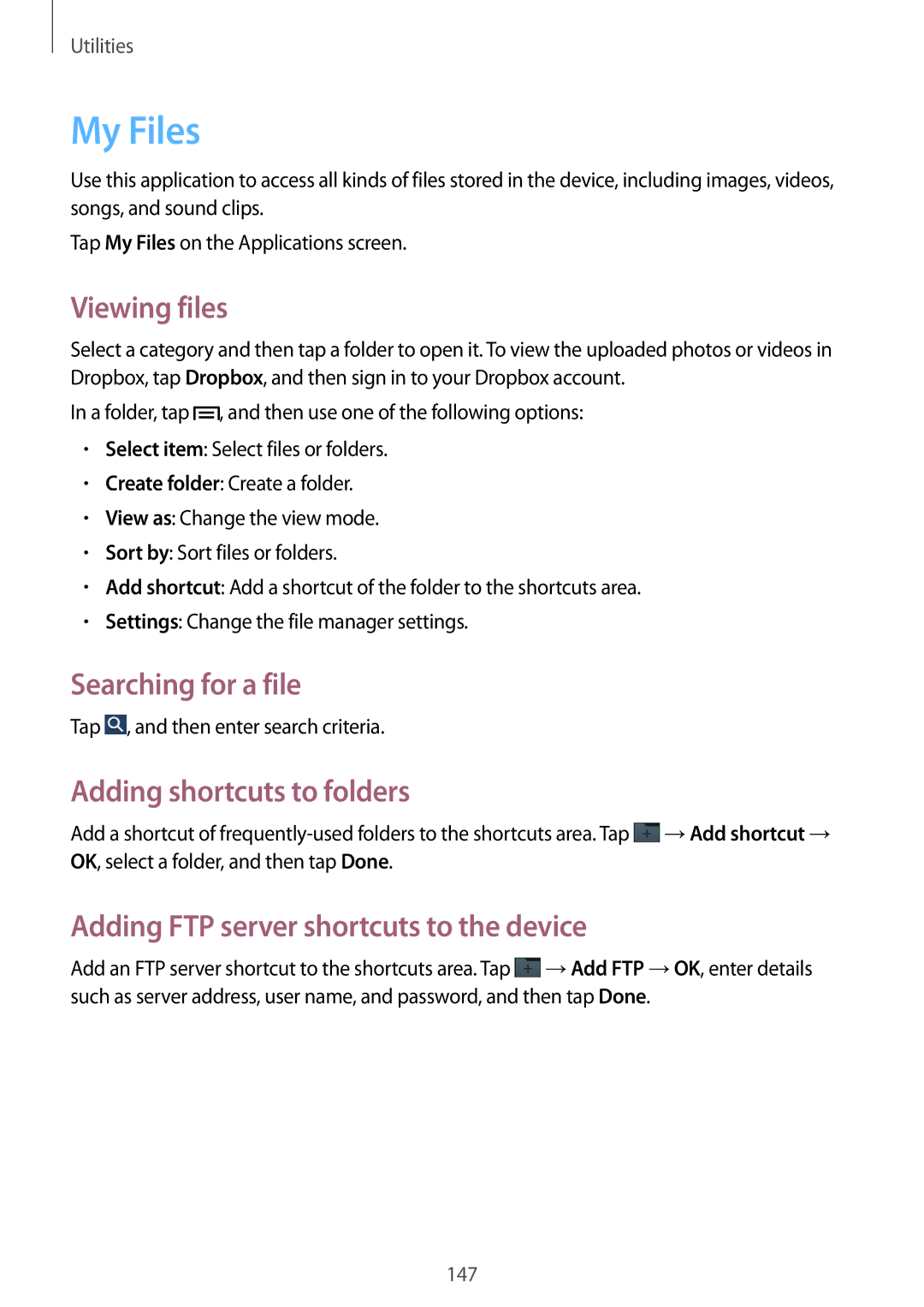 Samsung SM-N9000ZWEXXV, SM-N9000ZKEXFE manual My Files, Viewing files, Searching for a file, Adding shortcuts to folders 