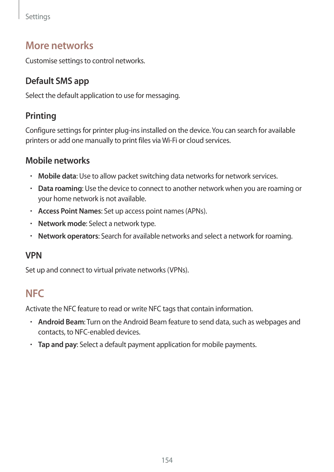 Samsung SM-N9000ZWEPCL, SM-N9000ZKEXFE, SM-N9000ZWETHR manual More networks, Default SMS app, Printing, Mobile networks 