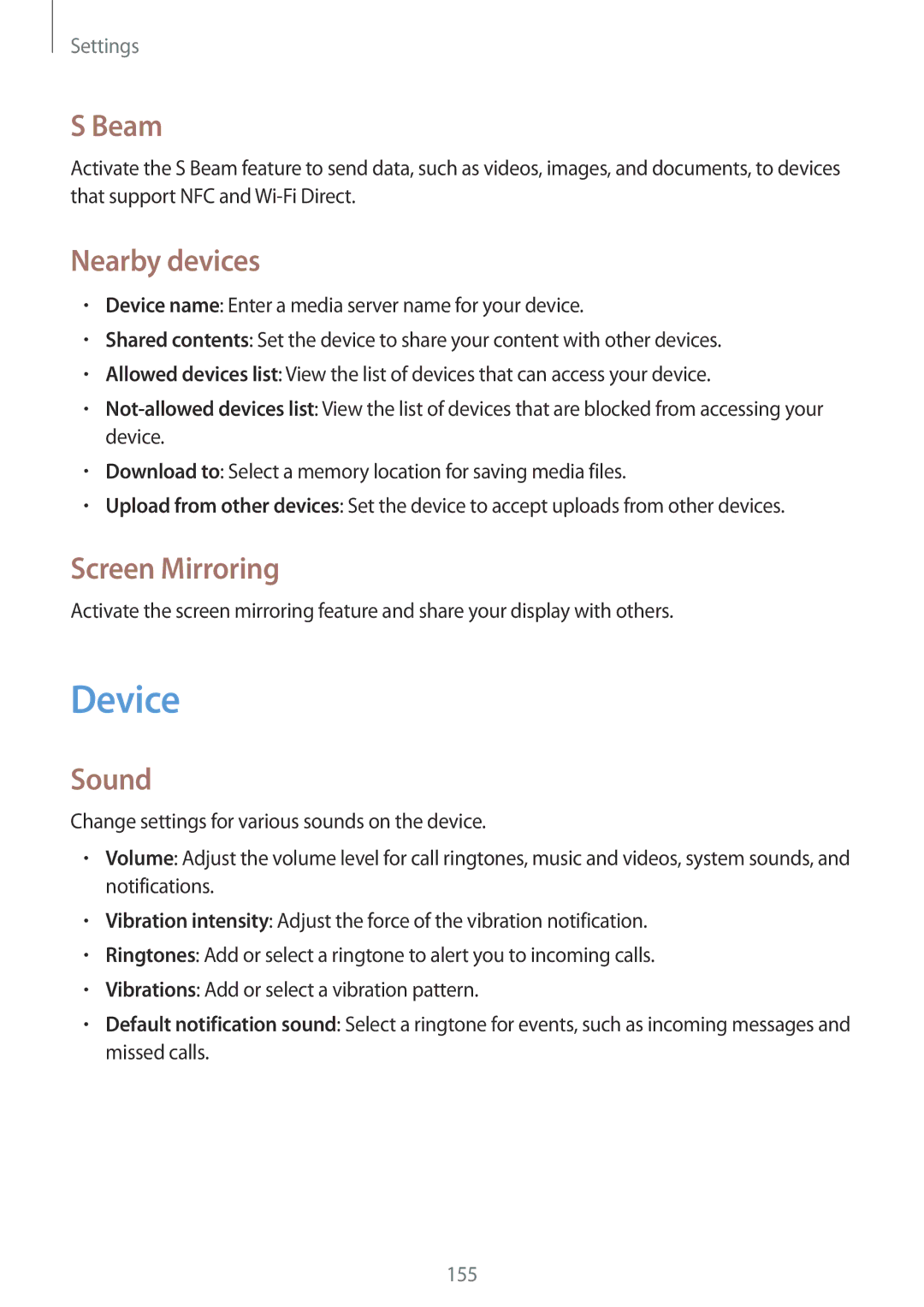 Samsung SM-N9000ZWEPTR, SM-N9000ZKEXFE, SM-N9000ZWETHR, SM-N9000ZKETHR Device, Beam, Nearby devices, Screen Mirroring, Sound 