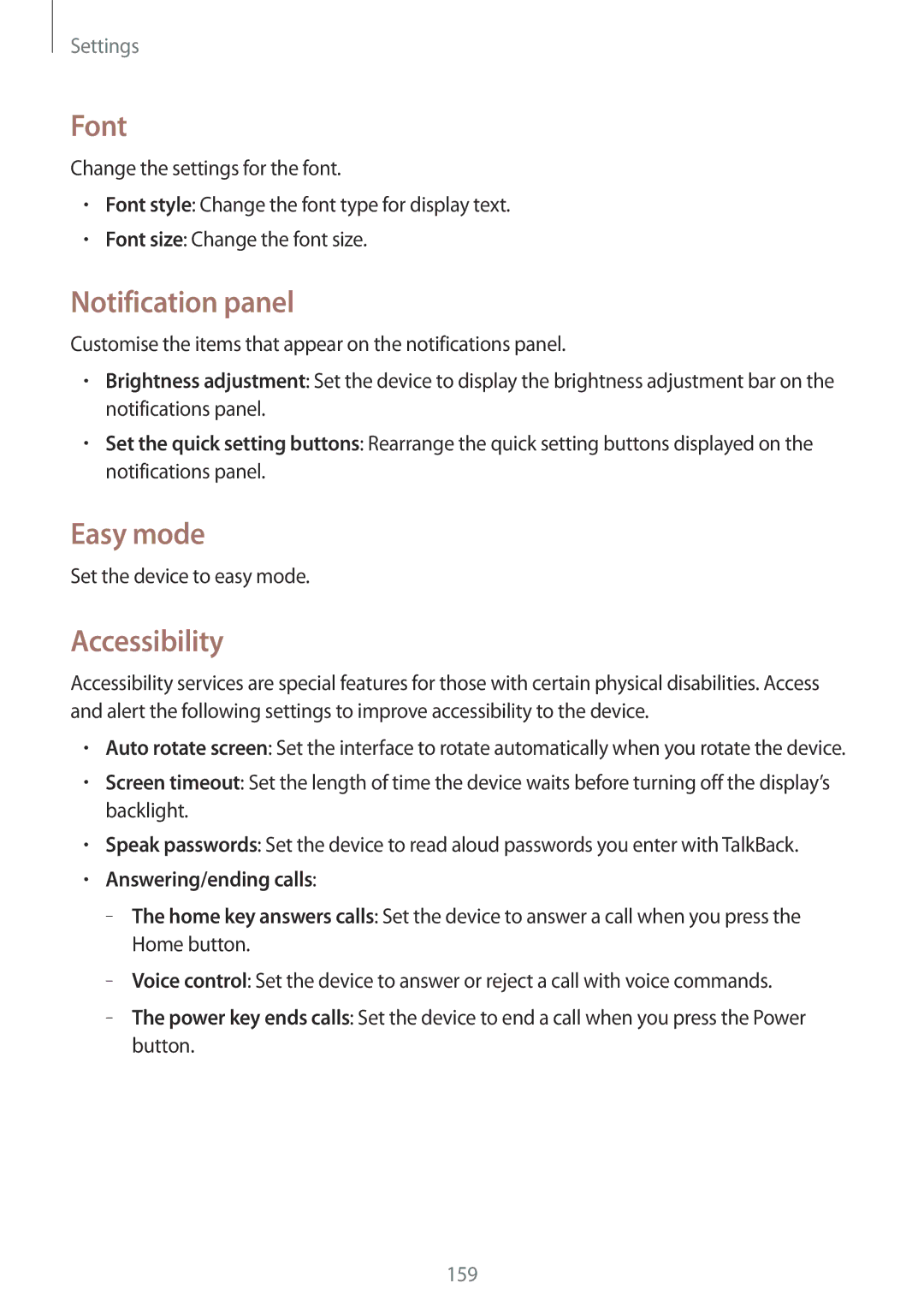 Samsung SM-N9000ZWESER, SM-N9000ZKEXFE manual Font, Notification panel, Easy mode, Accessibility, Answering/ending calls 