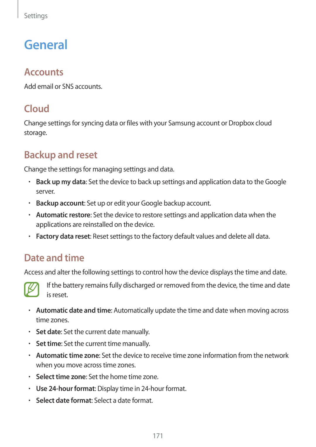 Samsung SM-N9000ZIETHR, SM-N9000ZKEXFE, SM-N9000ZWETHR manual General, Accounts, Cloud, Backup and reset, Date and time 