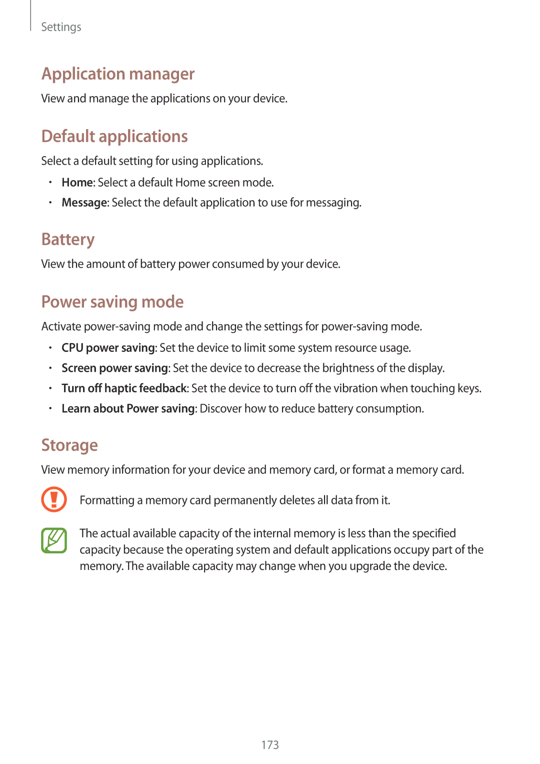 Samsung SM-N9000ZWEBTC, SM-N9000ZKEXFE manual Application manager, Default applications, Battery, Power saving mode, Storage 