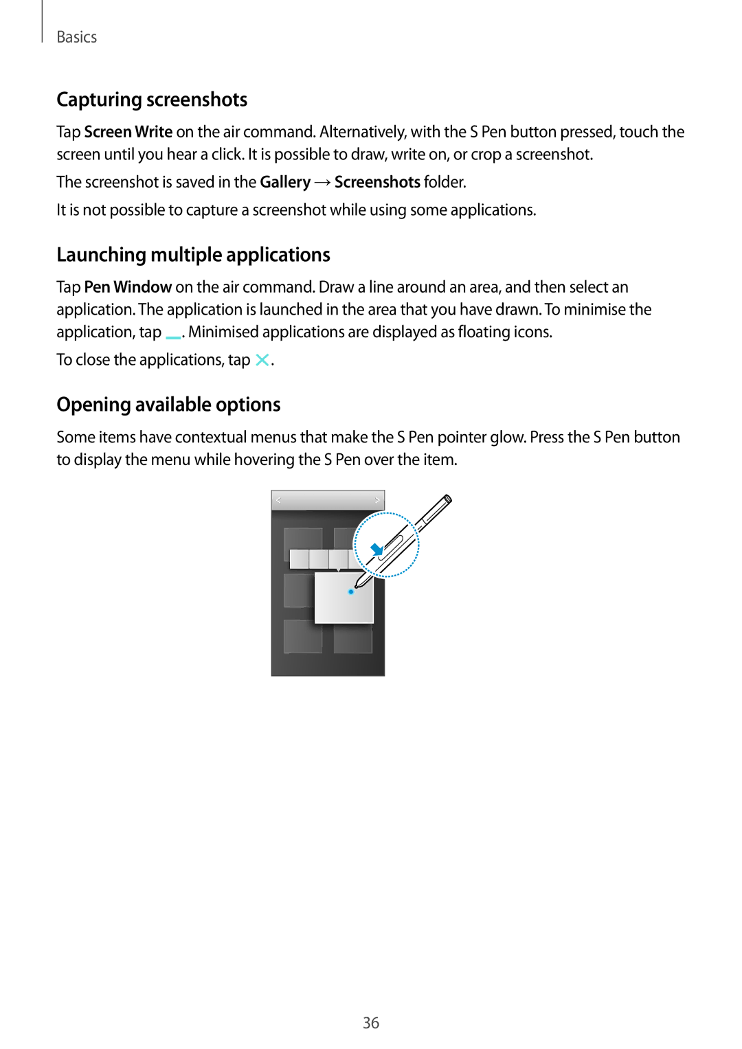 Samsung SM-N9000ZKEXXV, SM-N9000ZKEXFE Capturing screenshots, Launching multiple applications, Opening available options 