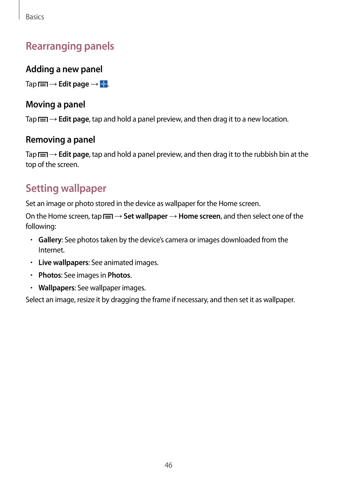 Samsung SM-N9000ZIEILO manual Rearranging panels, Setting wallpaper, Adding a new panel, Moving a panel, Removing a panel 