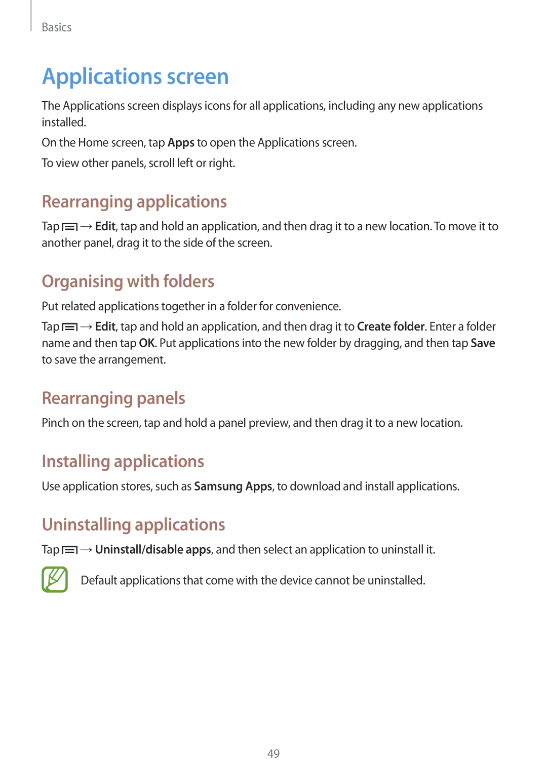 Samsung SM-N9000ZWESER Applications screen, Rearranging applications, Organising with folders, Installing applications 