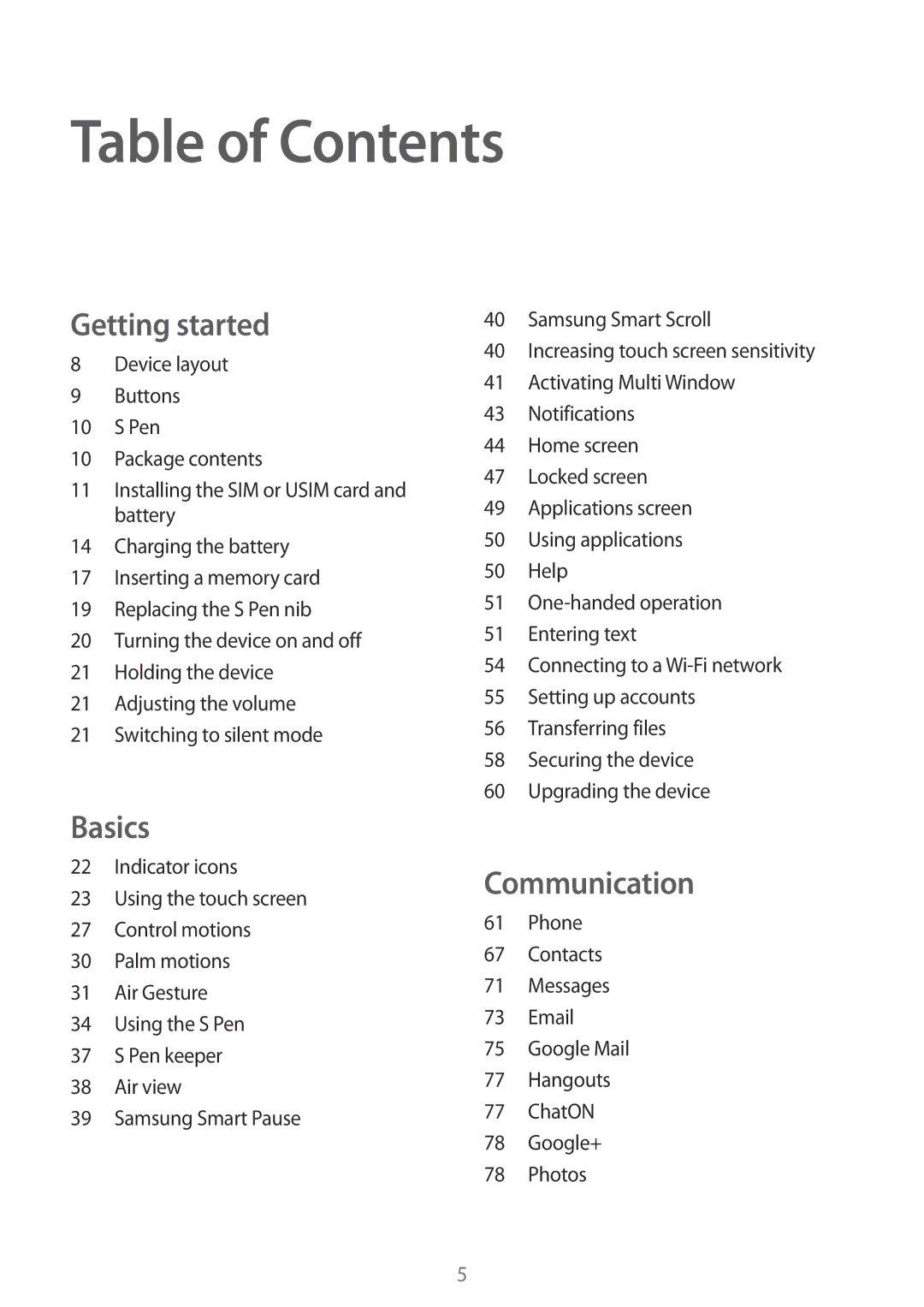 Samsung SM-N9000BDEKSA, SM-N9000ZKEXFE, SM-N9000ZWETHR, SM-N9000ZKETHR, SM-N9000WDEMID, SM-N9000BDEEGY manual Table of Contents 