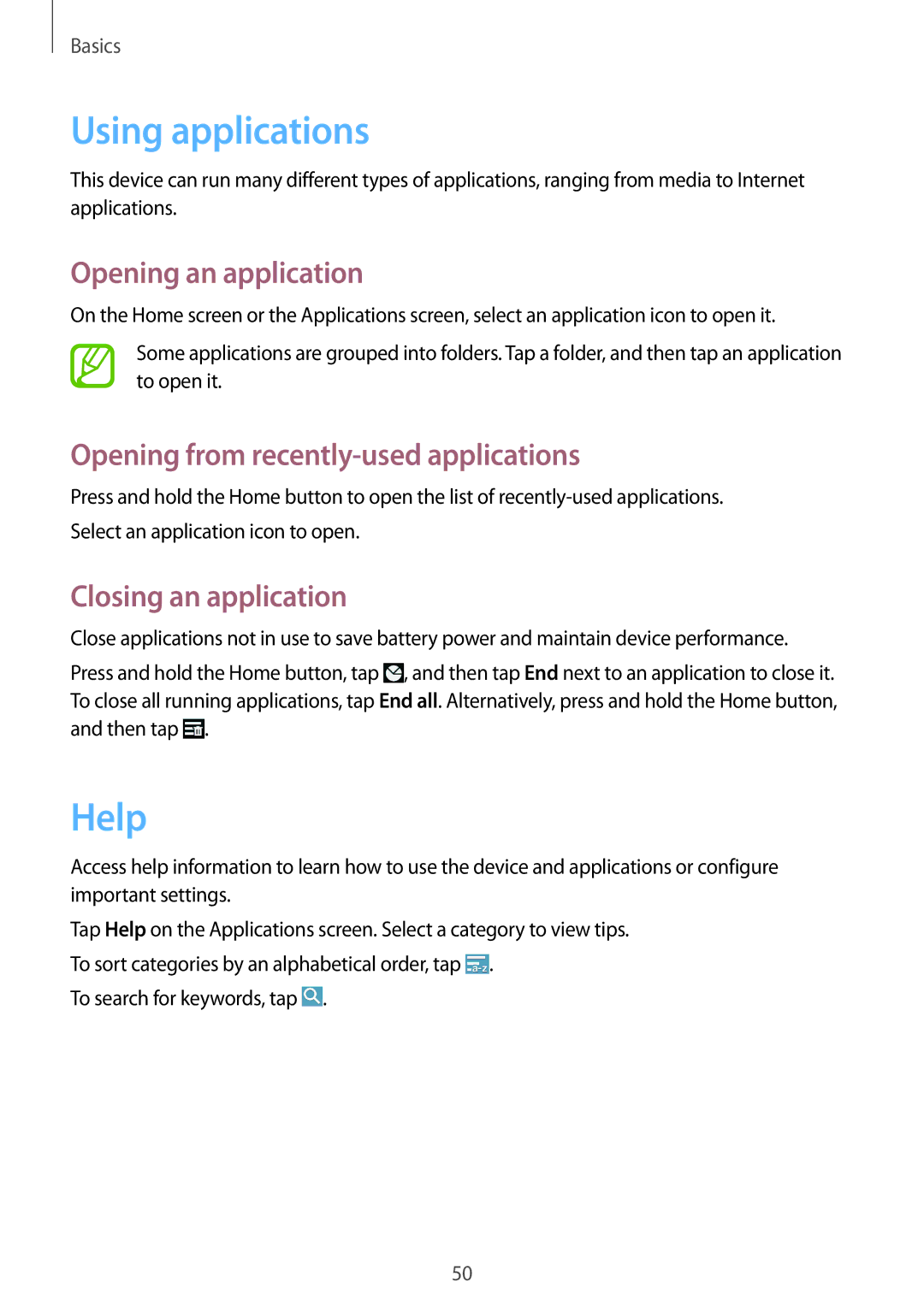 Samsung SM-N9000ZIESER manual Using applications, Help, Opening an application, Opening from recently-used applications 