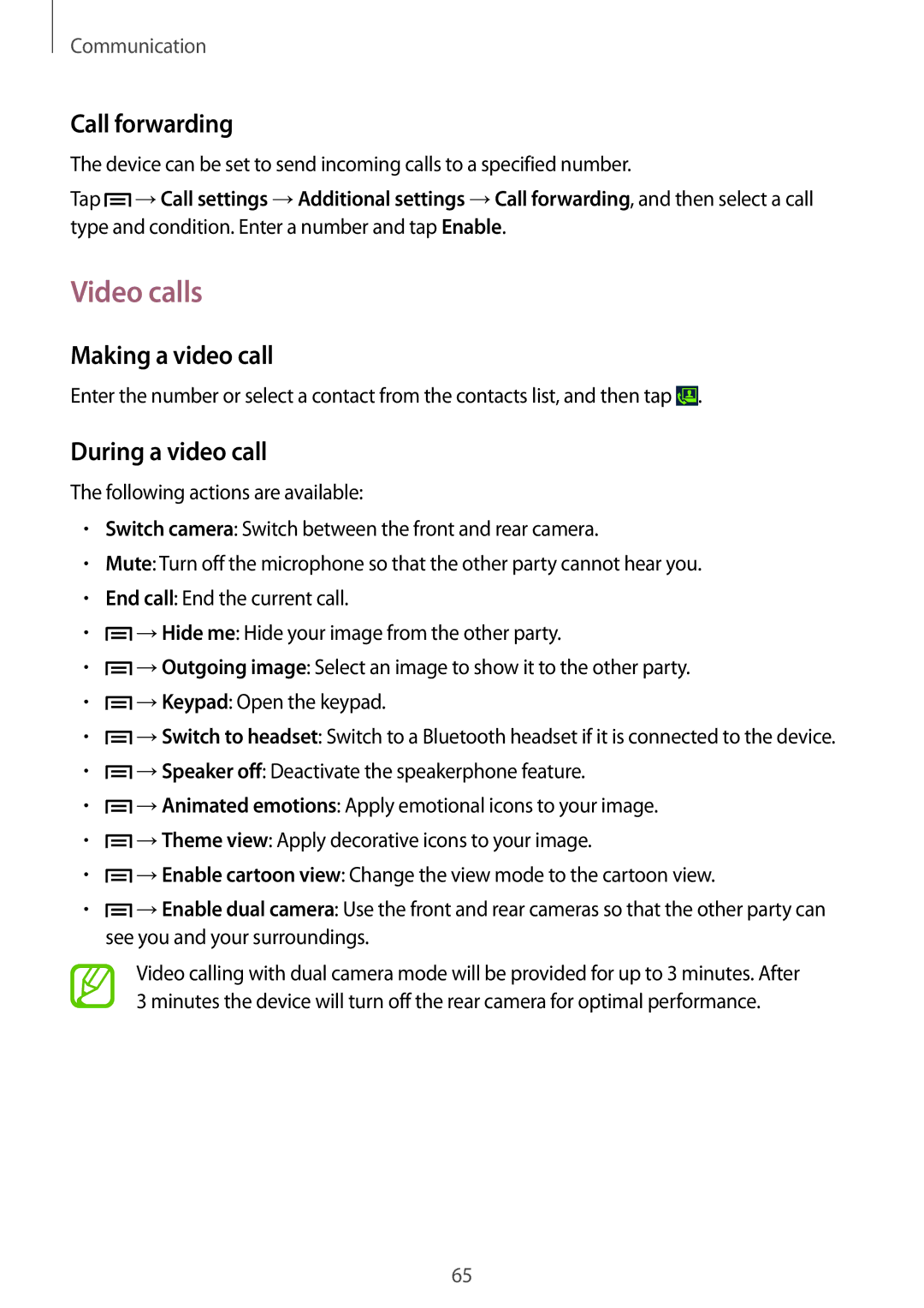 Samsung SM-N9000BDETUN, SM-N9000ZKEXFE manual Video calls, Call forwarding, Making a video call, During a video call 