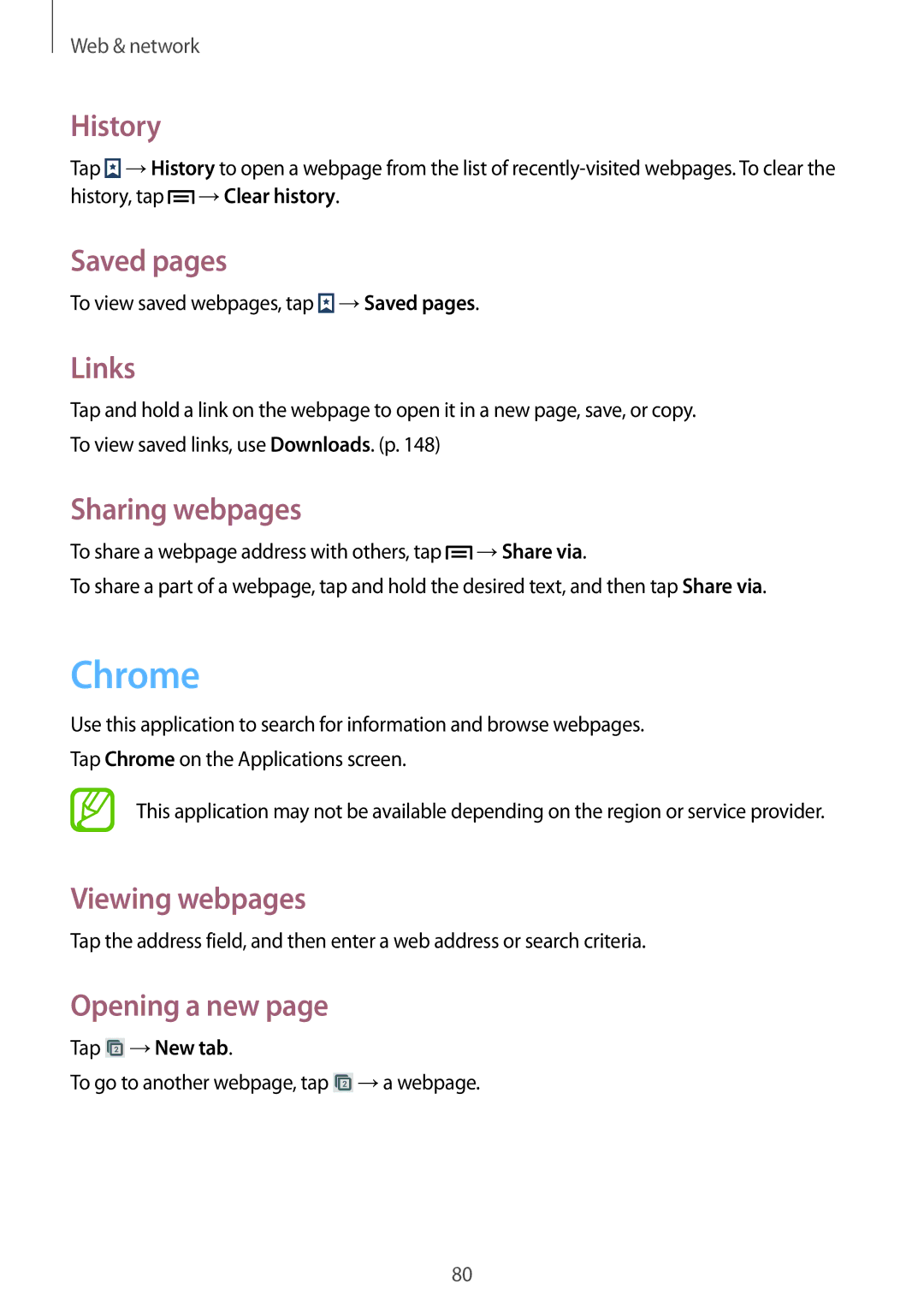 Samsung SM-N9000ZWEKSA, SM-N9000ZKEXFE, SM-N9000ZWETHR, SM-N9000ZKETHR Chrome, History, Saved pages, Links, Sharing webpages 