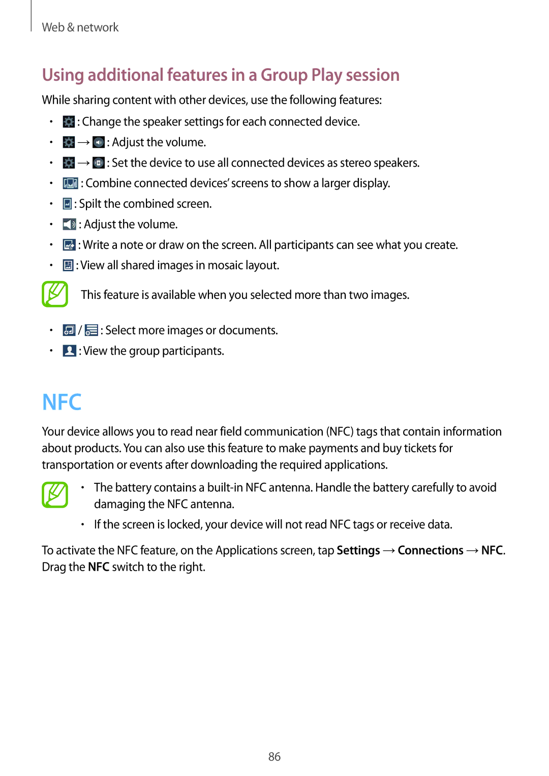 Samsung SM-N9000WDETHR, SM-N9000ZKEXFE, SM-N9000ZWETHR manual Nfc, Using additional features in a Group Play session 