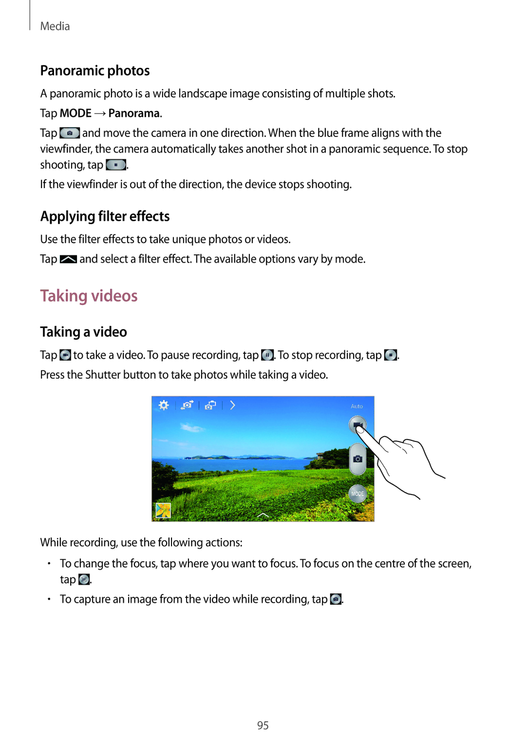 Samsung SM-N9000ZKEILO manual Taking videos, Panoramic photos, Applying filter effects, Taking a video, Tap Mode →Panorama 