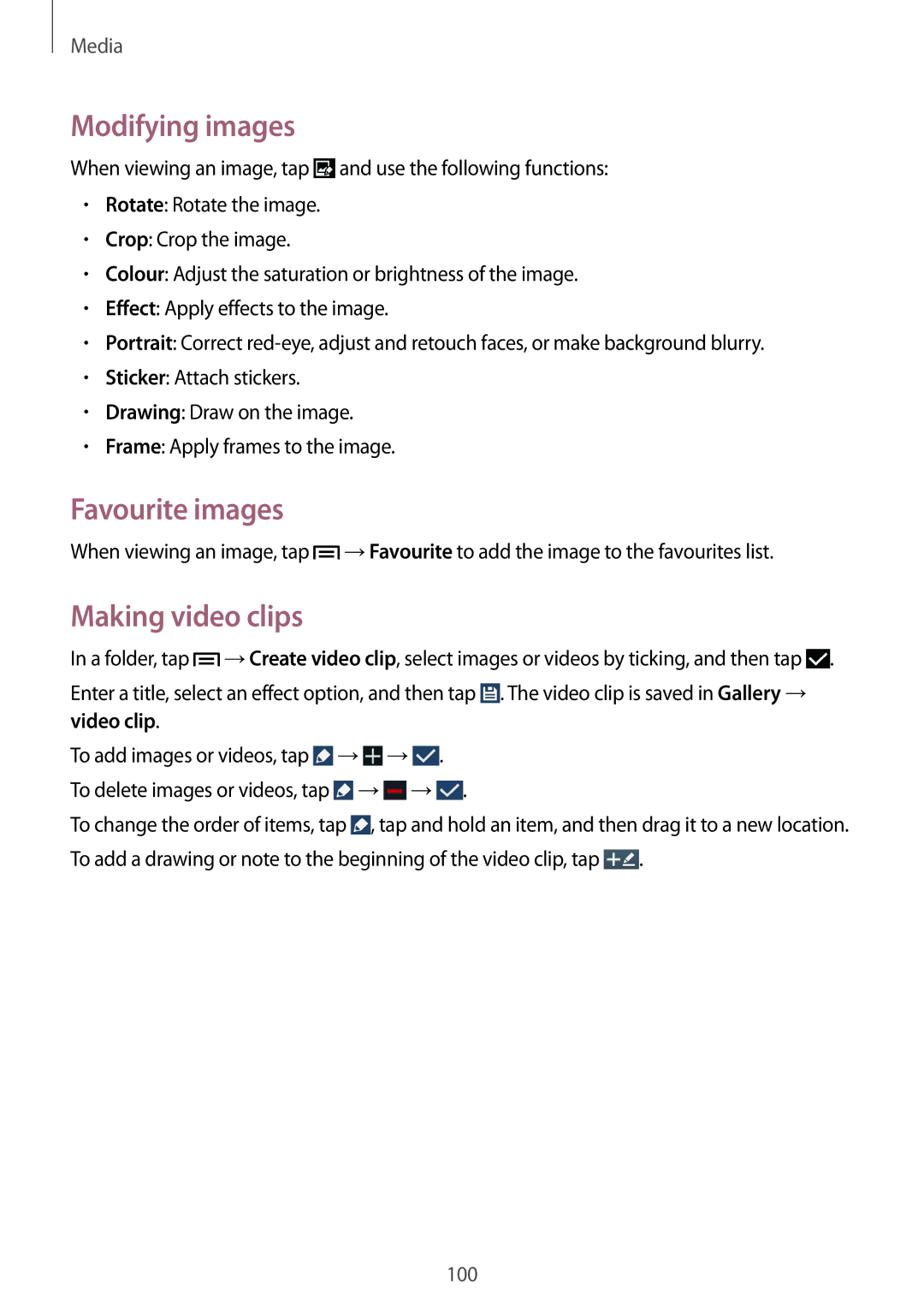 Samsung SM-N9005 user manual Modifying images, Favourite images, Making video clips 