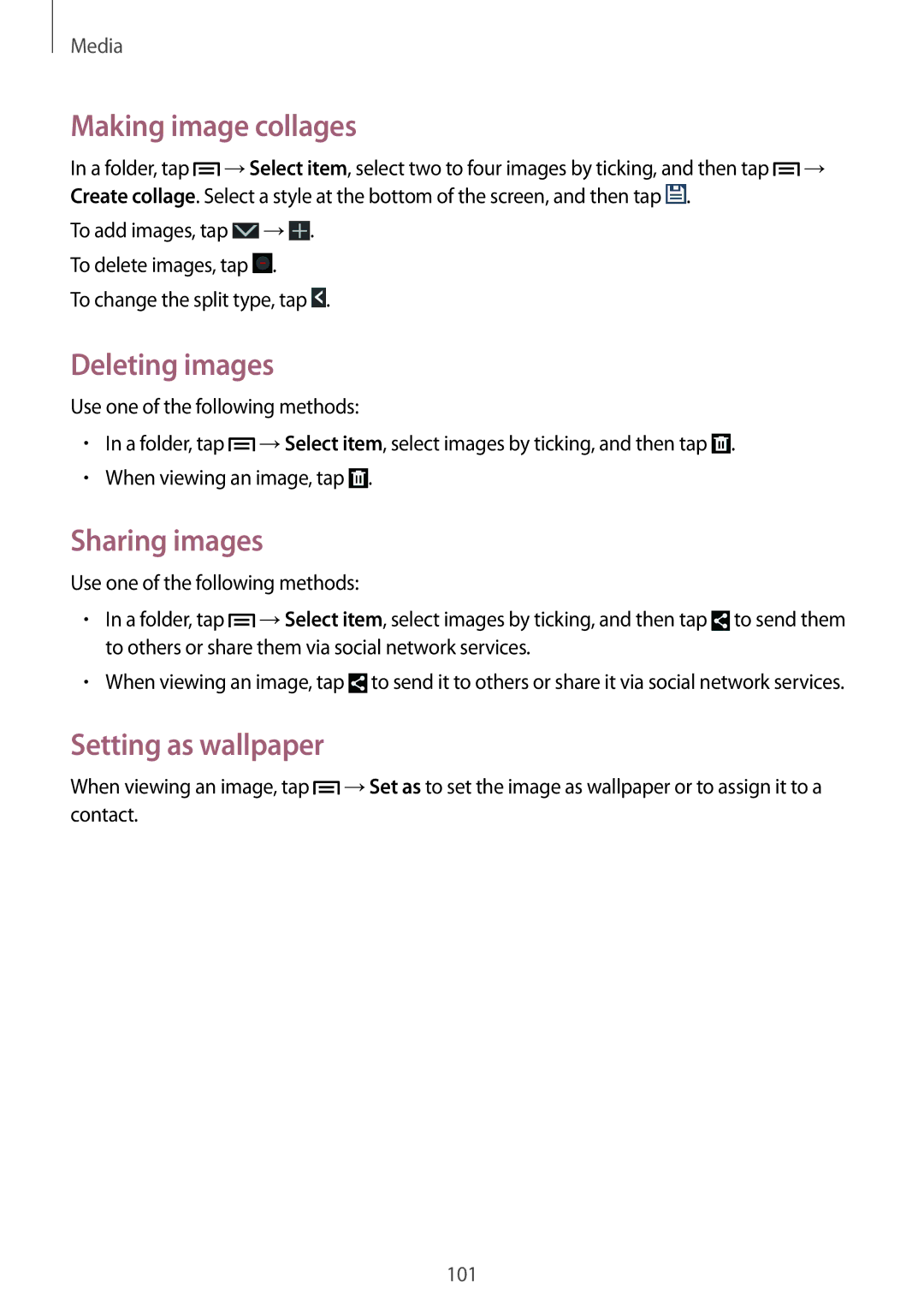 Samsung SM-N9005 user manual Making image collages, Deleting images, Sharing images, Setting as wallpaper 