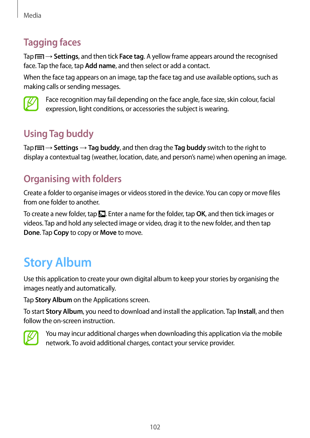 Samsung SM-N9005 user manual Story Album, Tagging faces, Using Tag buddy 