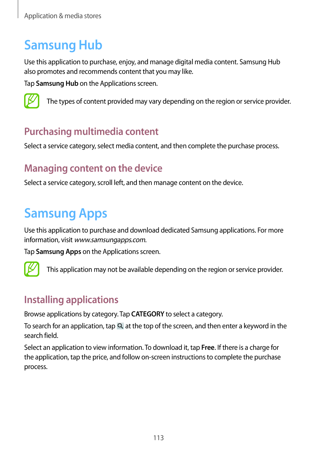 Samsung SM-N9005 user manual Samsung Hub, Samsung Apps, Purchasing multimedia content, Managing content on the device 