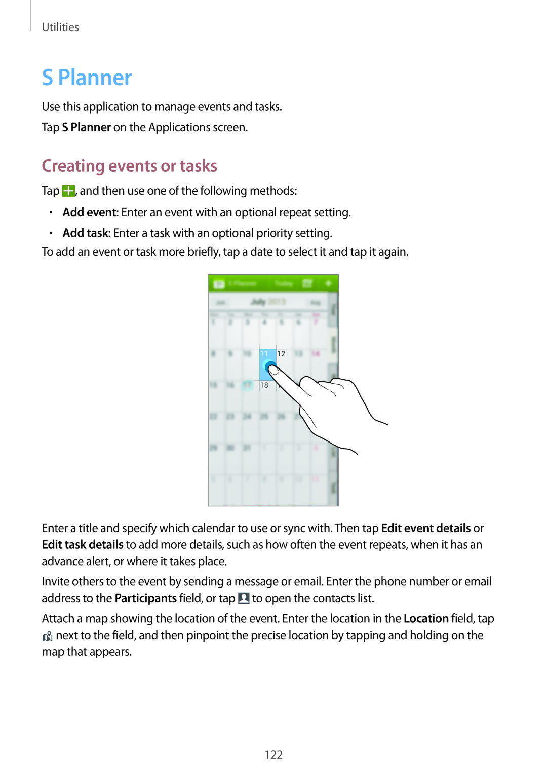 Samsung SM-N9005 user manual Planner, Creating events or tasks, Map that appears 