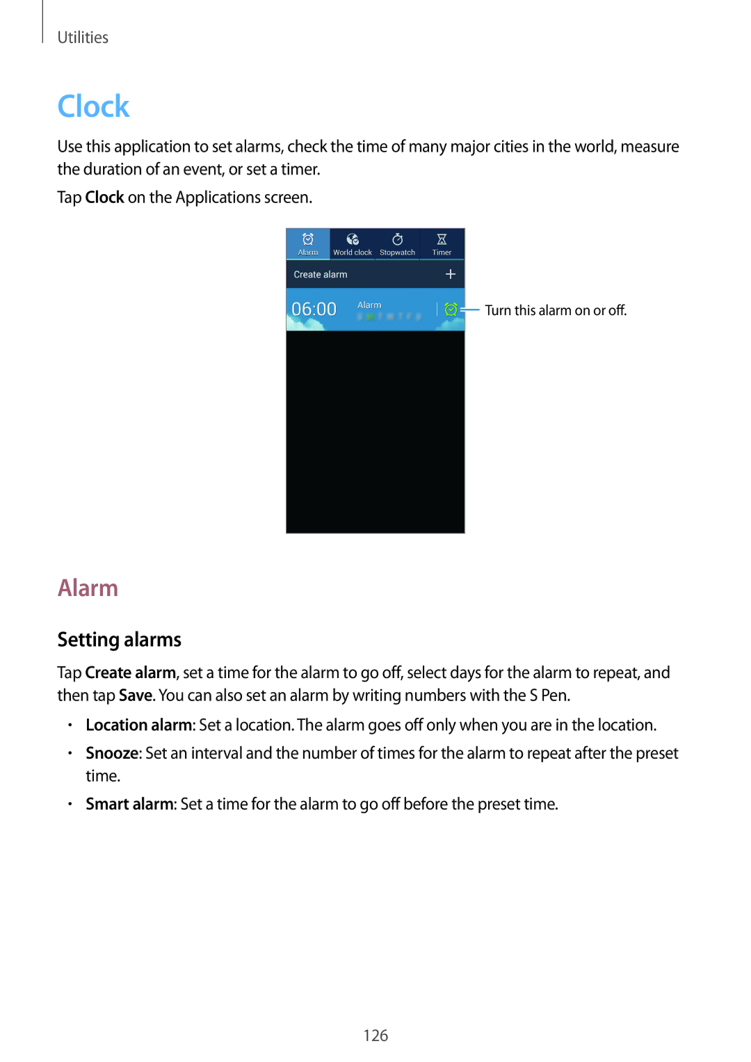 Samsung SM-N9005 user manual Clock, Alarm, Setting alarms 