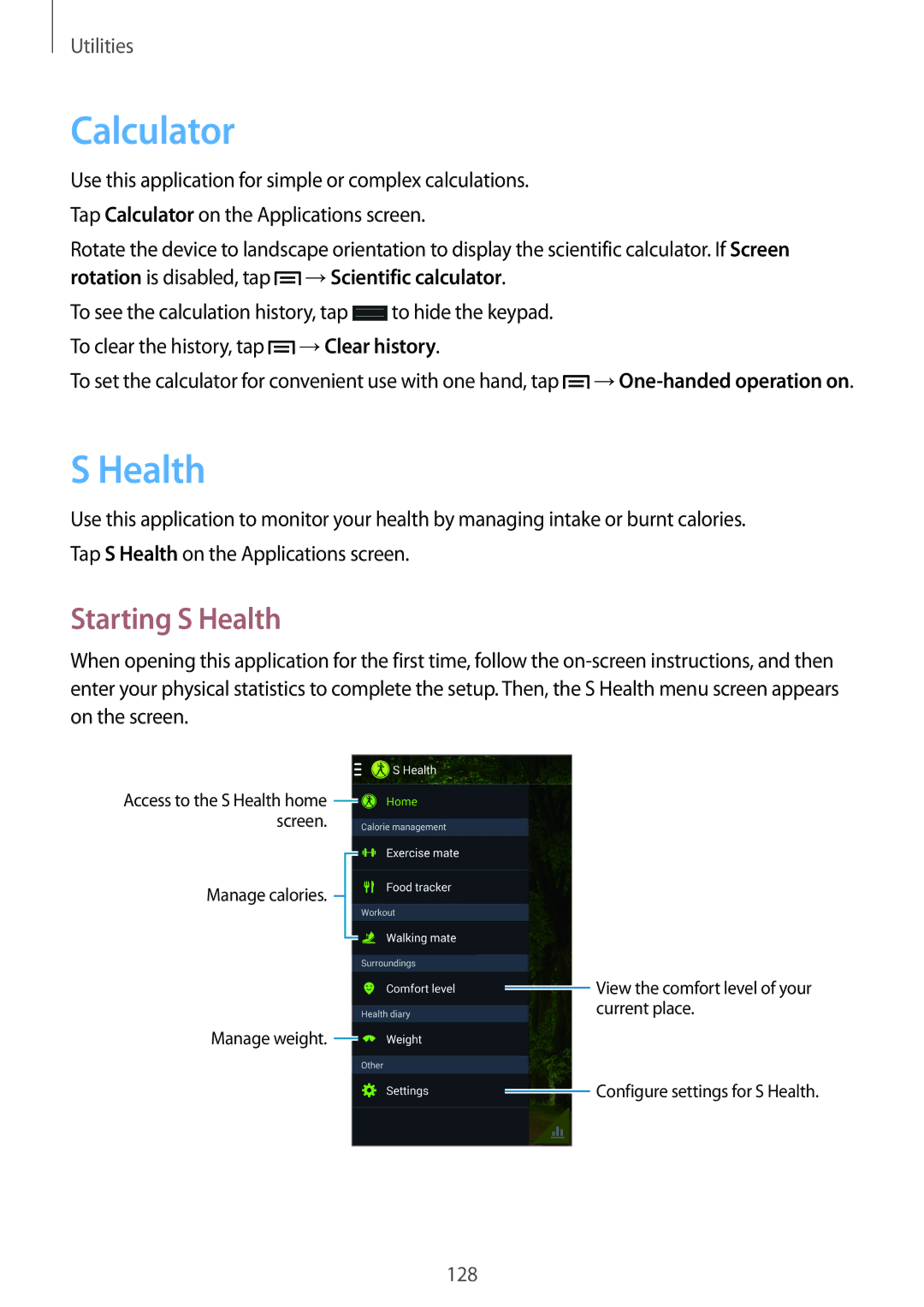 Samsung SM-N9005 user manual Calculator, Starting S Health 